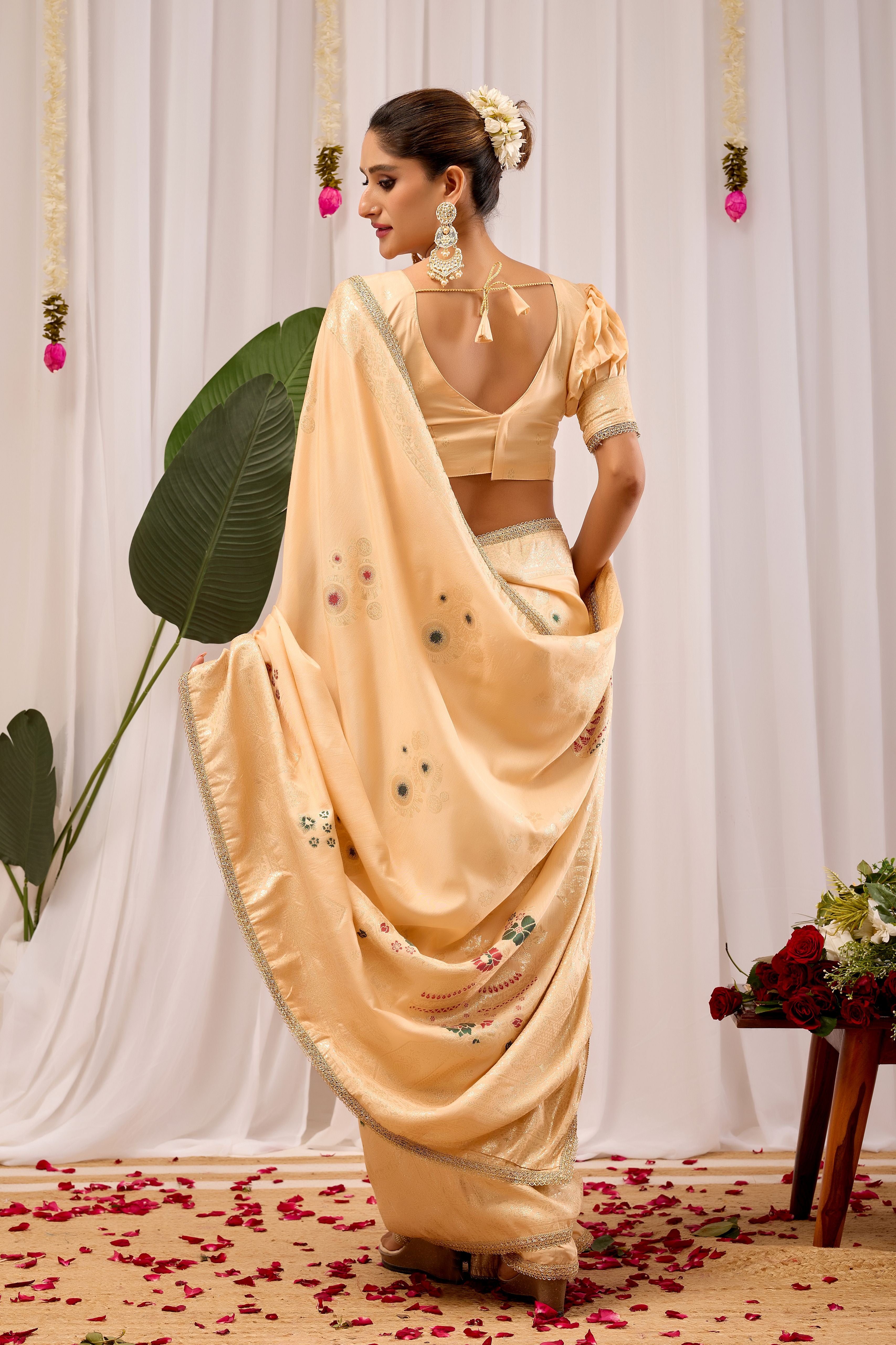 Champagne Gold Silk Saree with Handwoven Floral Motifs
