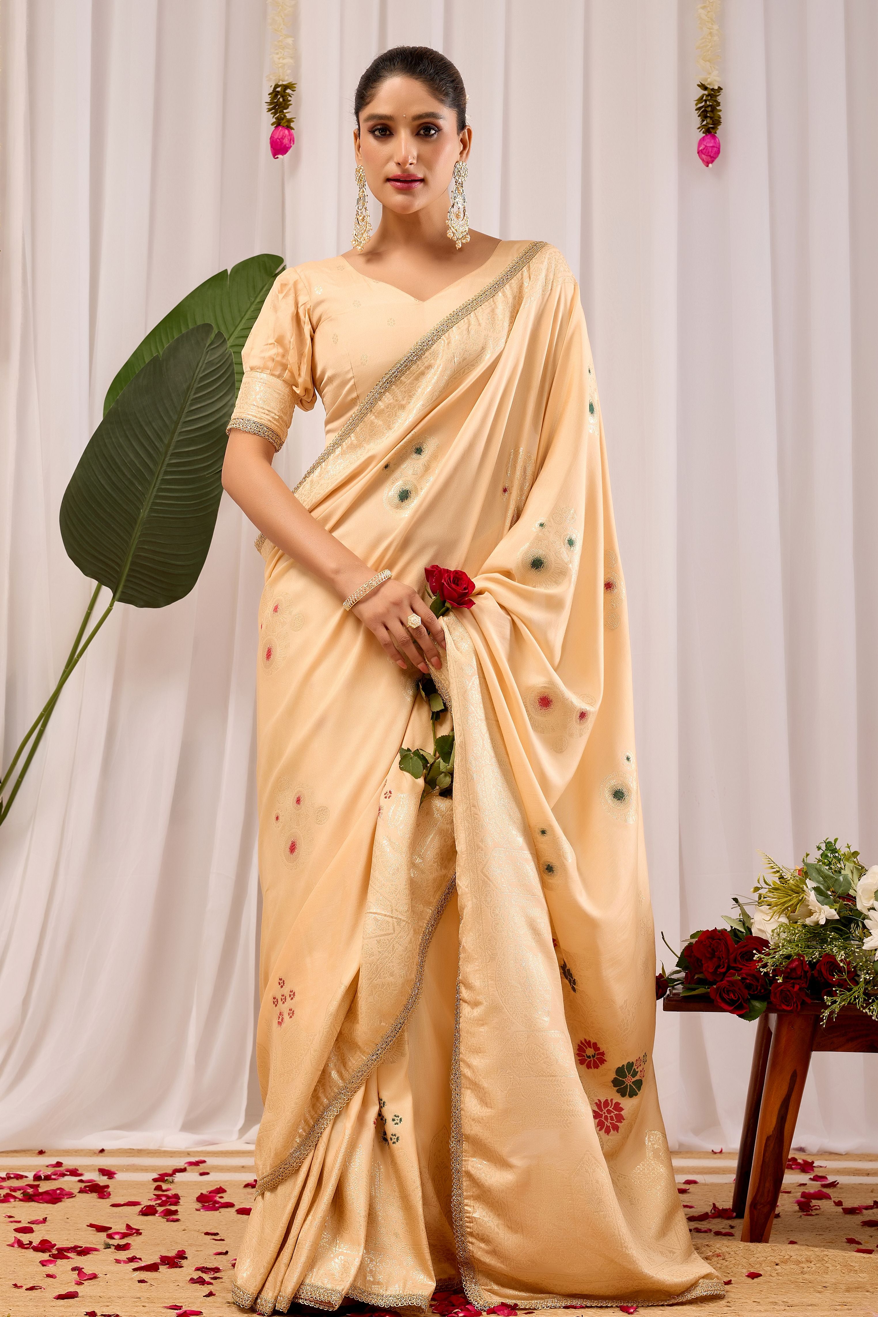 Champagne Gold Silk Saree with Handwoven Floral Motifs