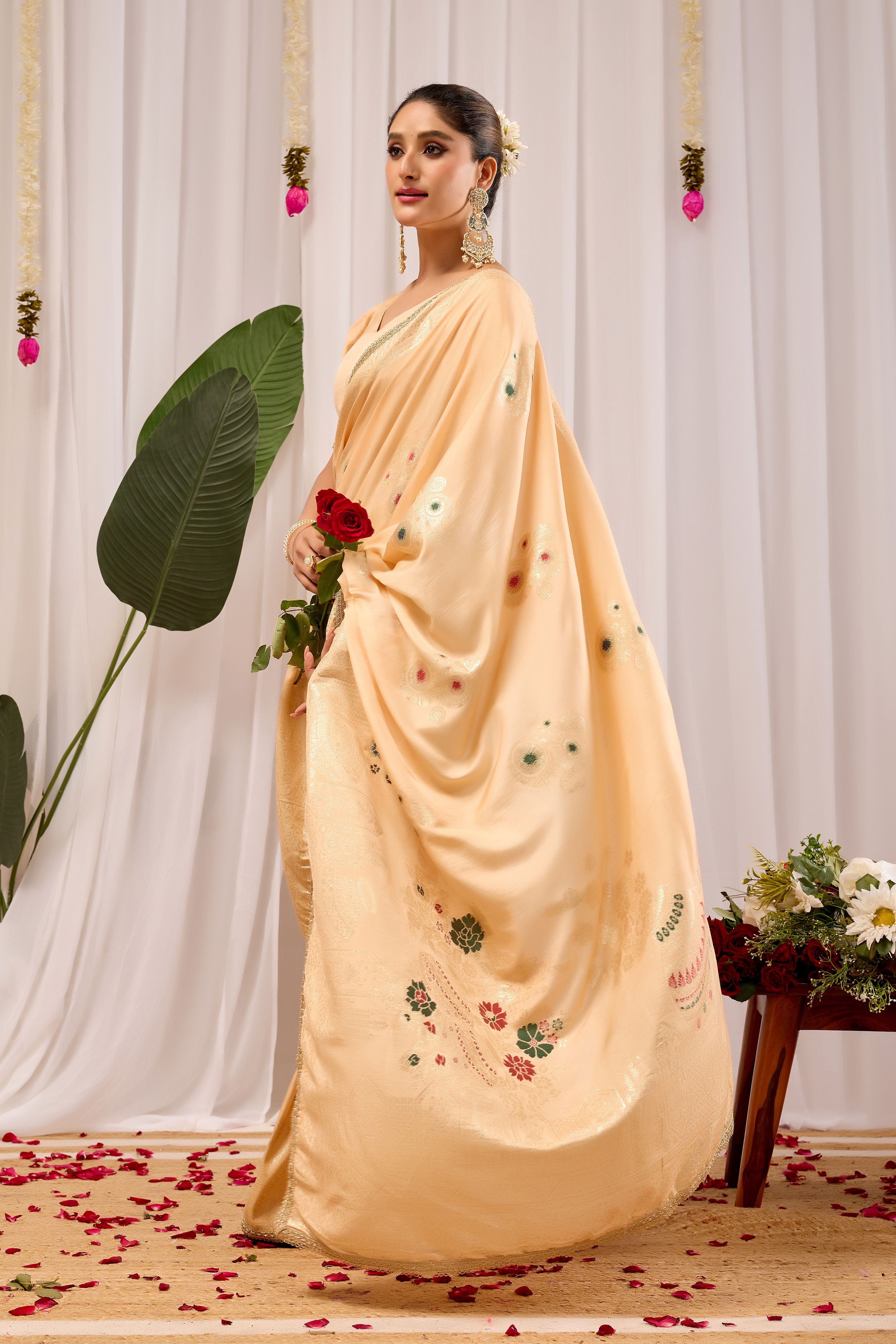 Champagne Gold Silk Saree with Handwoven Floral Motifs