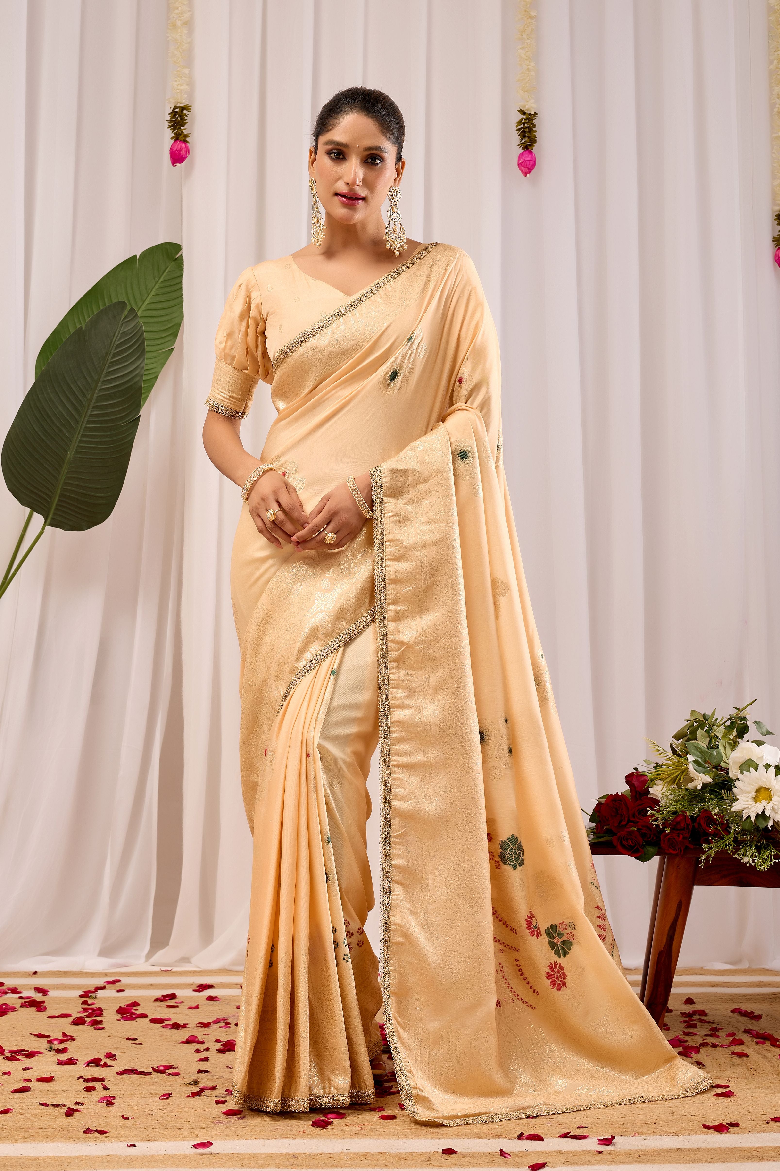 Champagne Gold Silk Saree with Handwoven Floral Motifs