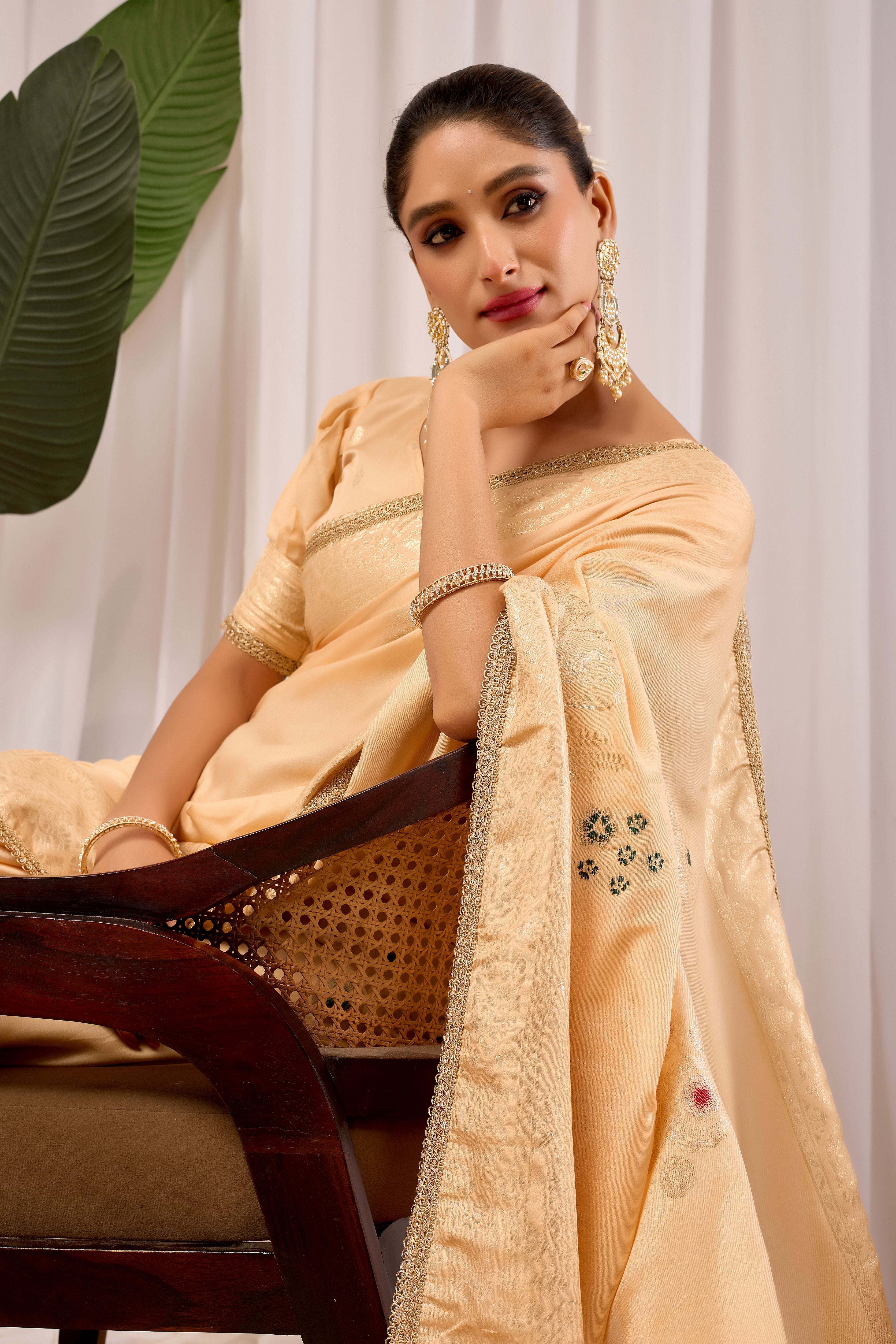 Champagne Gold Silk Saree with Handwoven Floral Motifs