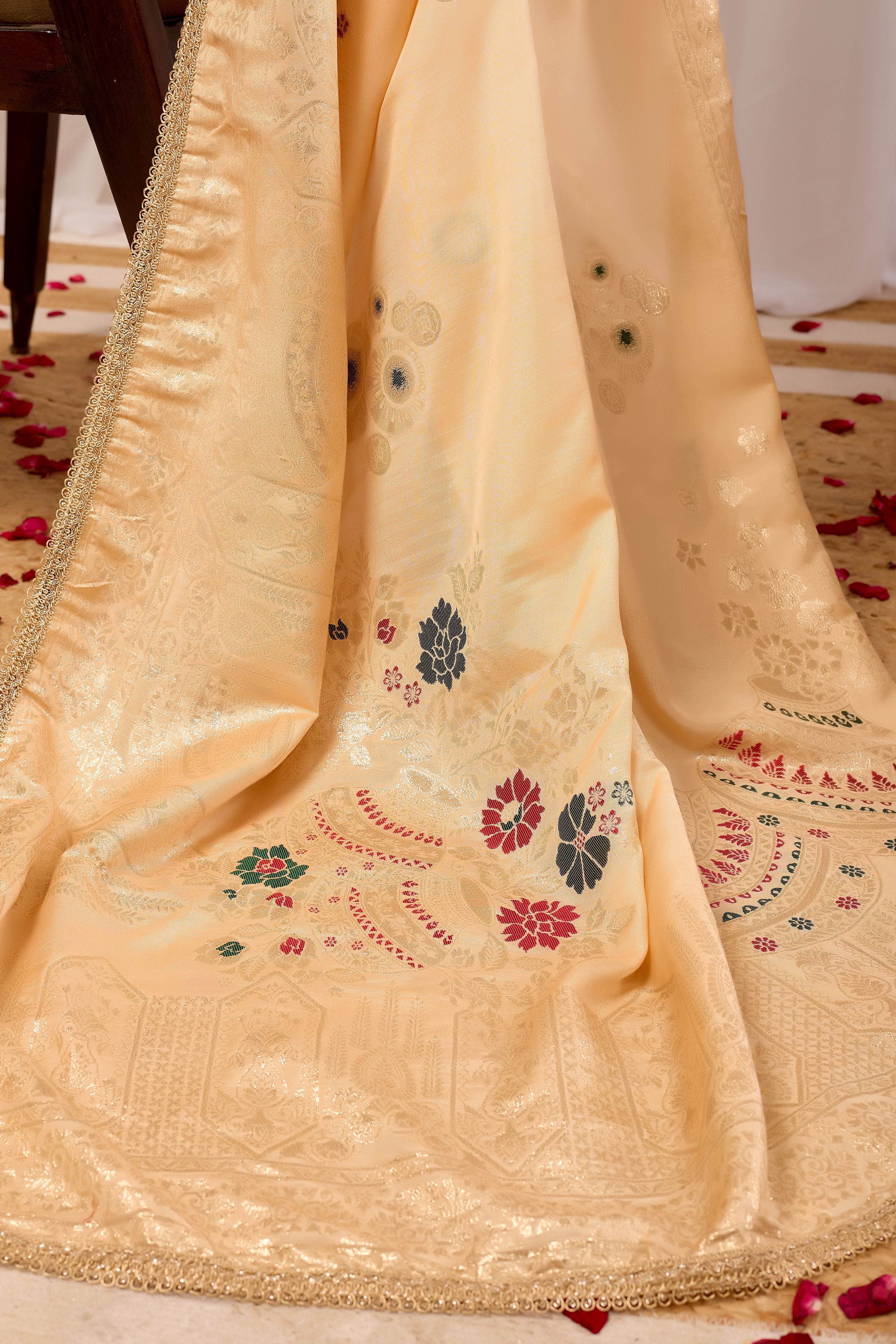 Champagne Gold Silk Saree with Handwoven Floral Motifs