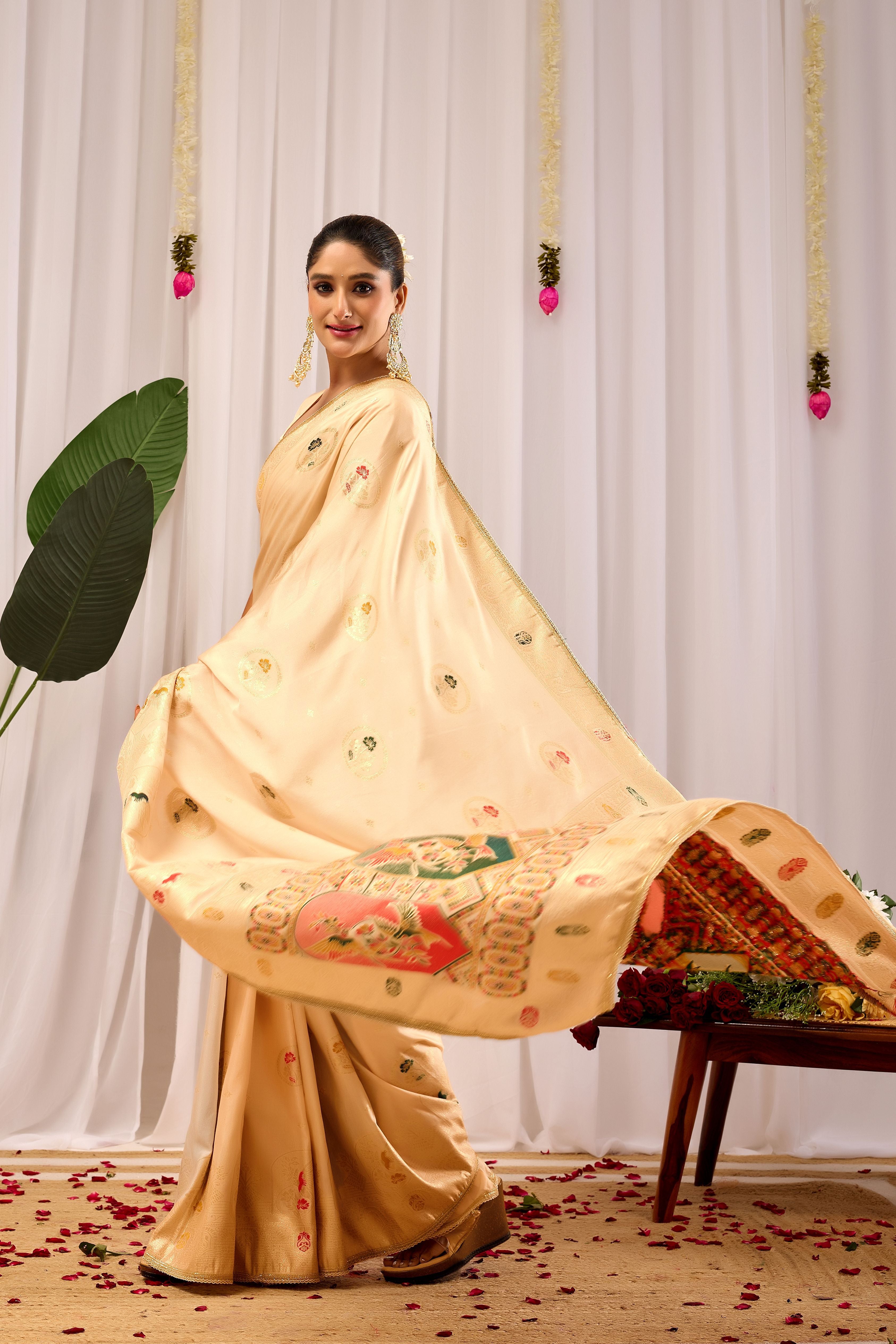 Elegant Gold Satin silk saree Satin   with Traditional Motifs  Timeless Indian Ethnic Wear