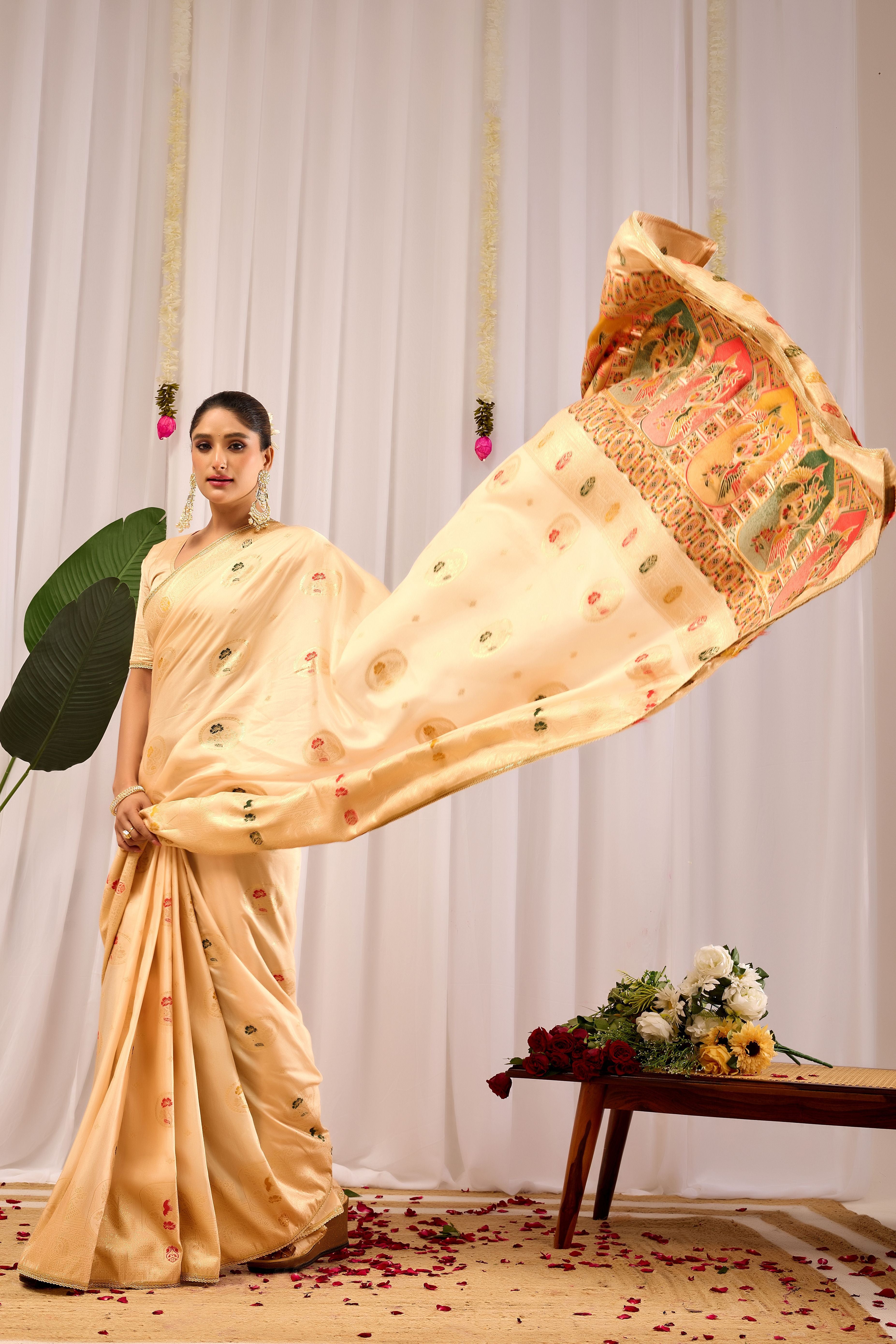 Elegant Gold Satin silk saree Satin   with Traditional Motifs  Timeless Indian Ethnic Wear