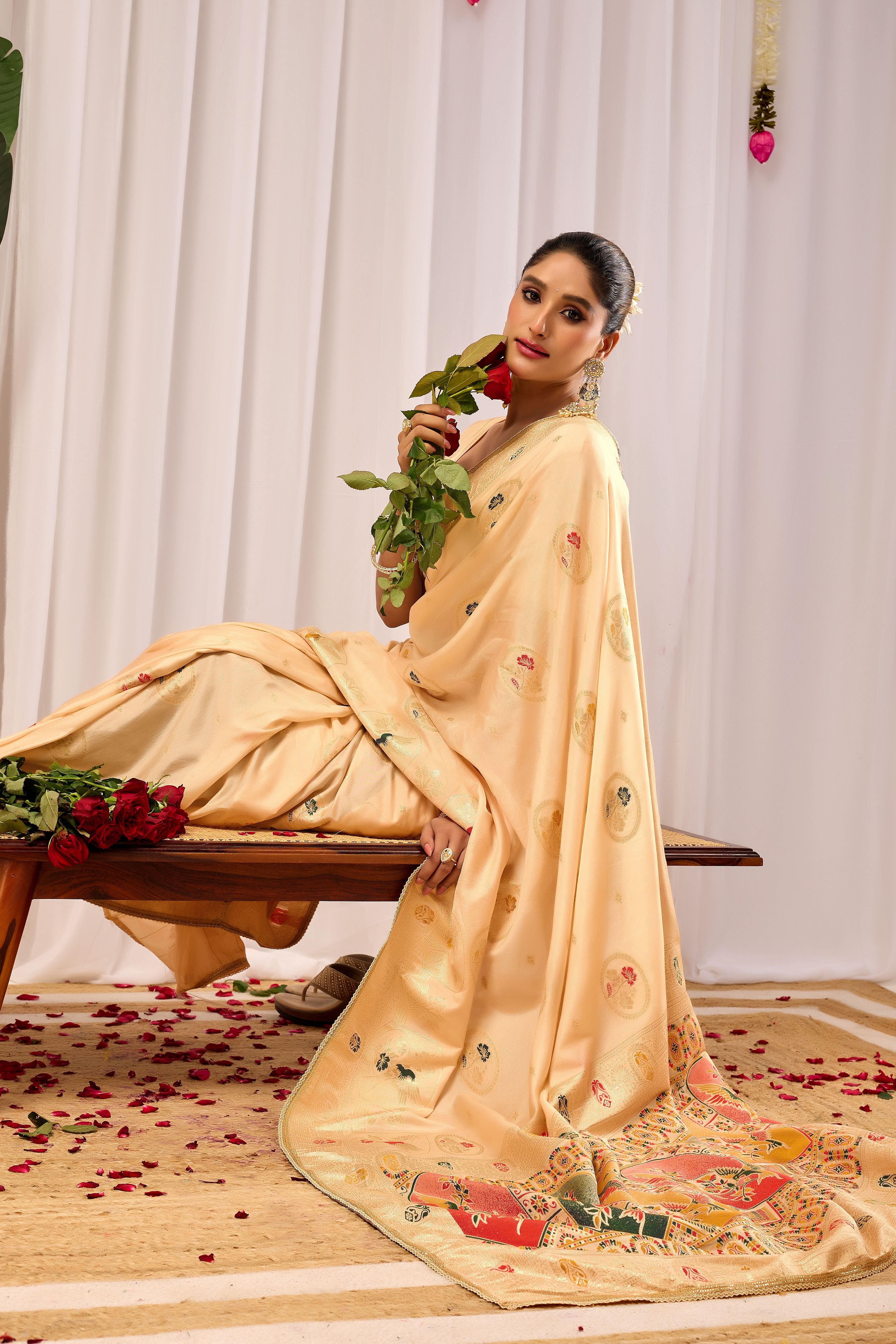 Elegant Gold Satin silk saree Satin   with Traditional Motifs  Timeless Indian Ethnic Wear