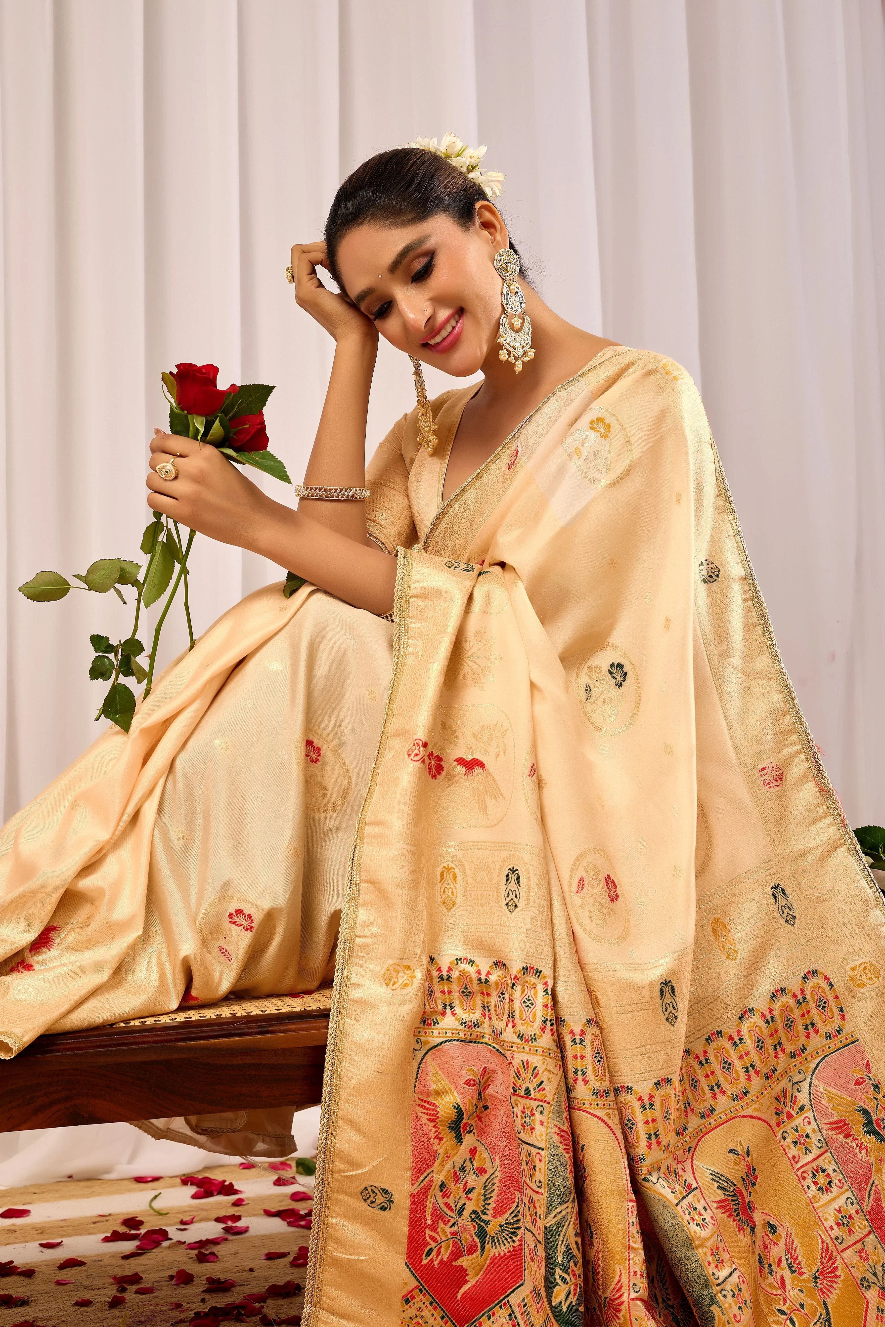 Elegant  Satin  Silk Saree with Traditional Motifs  Timeless Indian Ethnic Wear