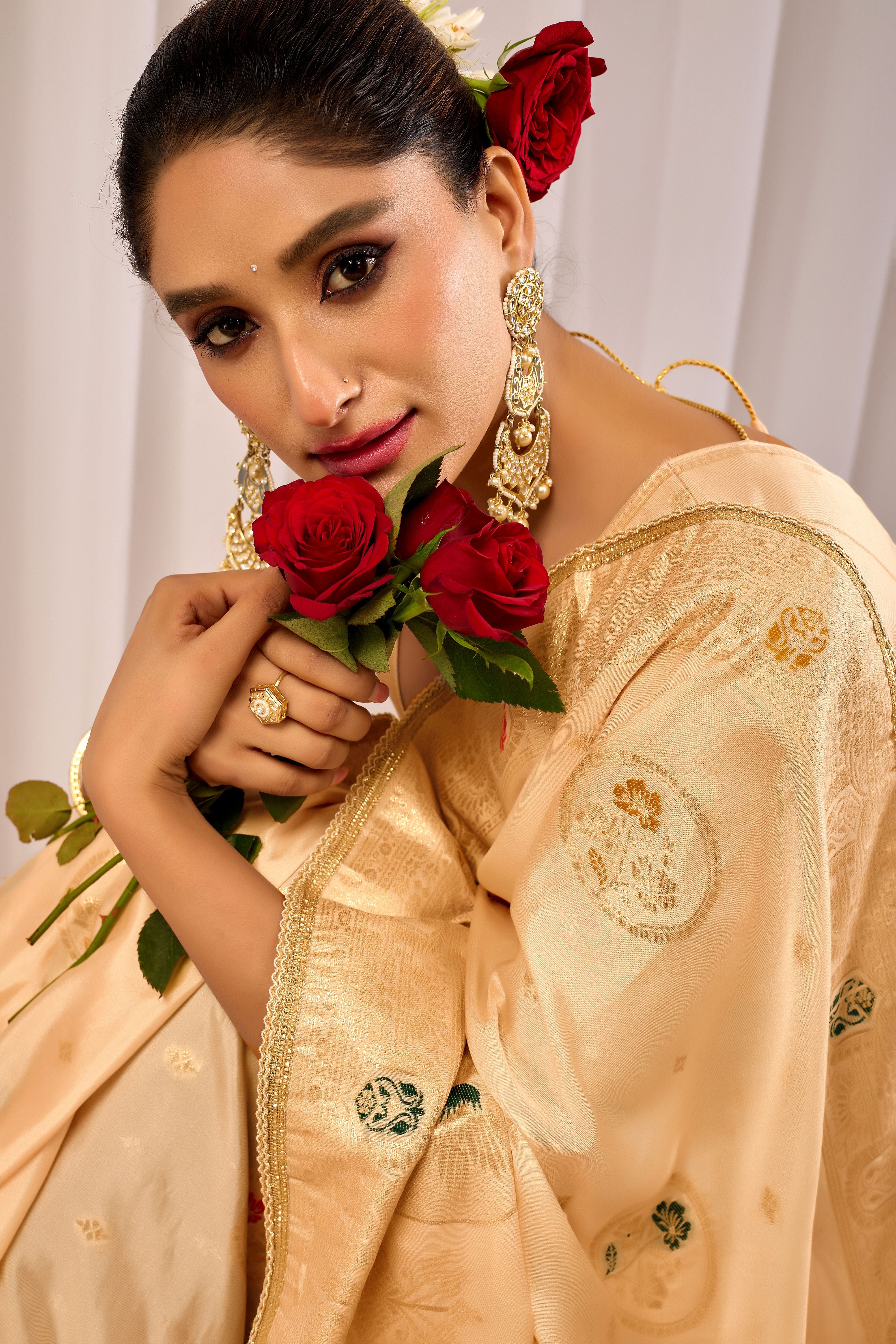 Elegant Gold Satin silk saree Satin   with Traditional Motifs  Timeless Indian Ethnic Wear