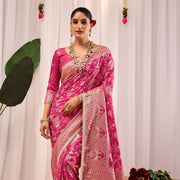 Elegant Rose Pink Floral Saree Featuring Traditional Motifs and Rich Zari Border for Festive Occasions