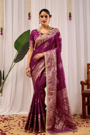Royal Wine Purple Heritage Floral  Saree in Luxurious Silk Blend with Rich Gold Zari Border and Timeless Traditional Elegance