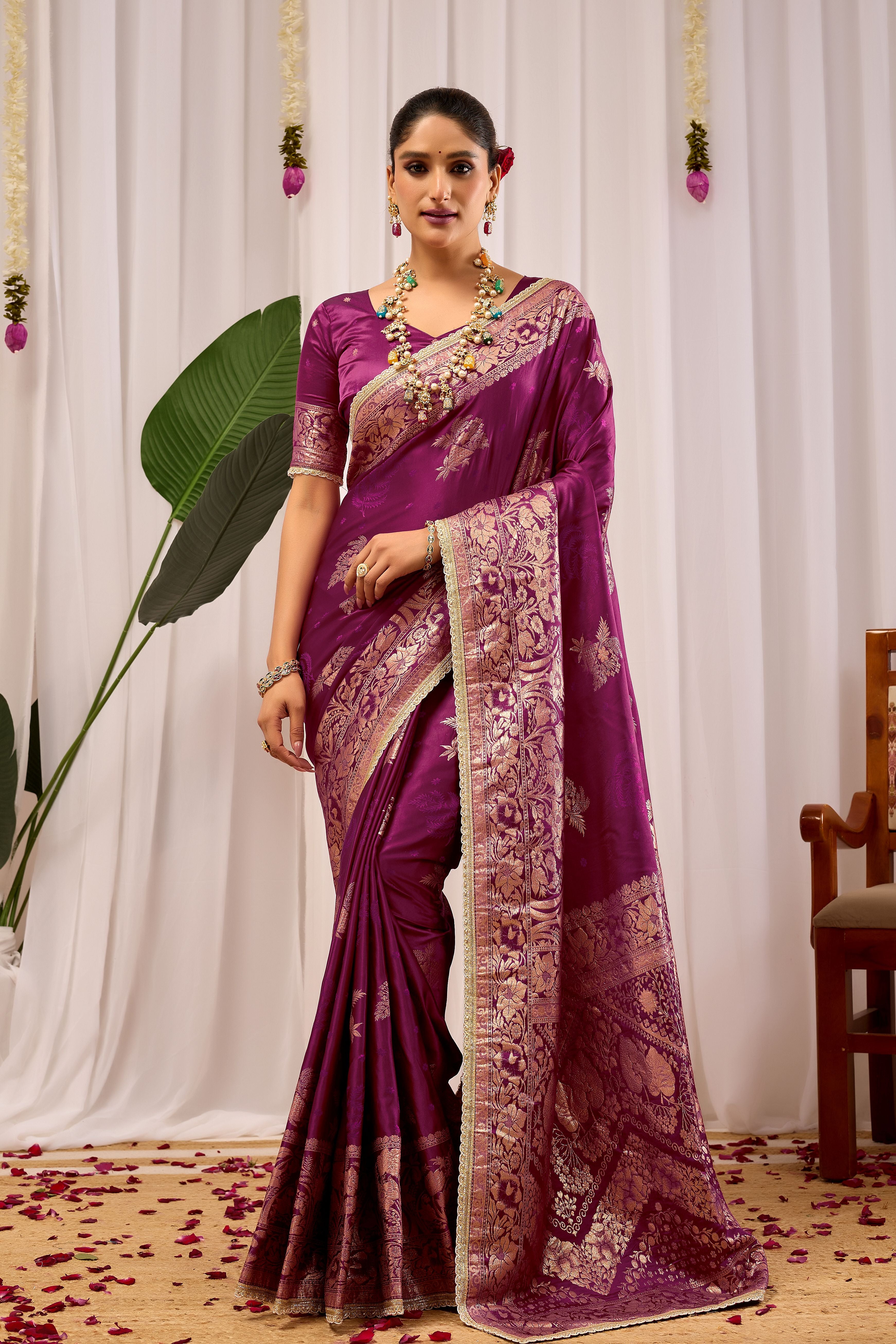 Royal Wine Purple Heritage Floral  Saree in Luxurious Silk Blend with Rich Gold Zari Border and Timeless Traditional Elegance