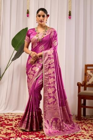 Orchid Pink Heritage Silk Saree | Floral Zari & Blouse