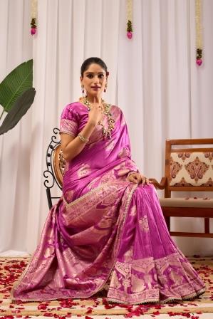 Orchid Pink Heritage Silk Saree | Floral Zari & Blouse