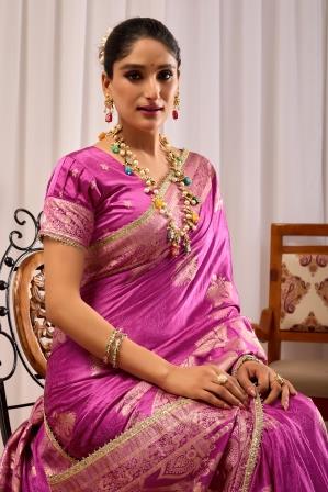 Orchid Pink Heritage Silk Saree | Floral Zari & Blouse