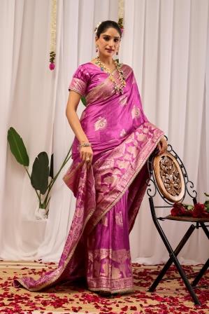 Orchid Pink Heritage Silk Saree | Floral Zari & Blouse
