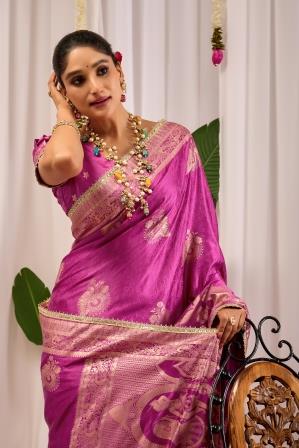 Orchid Pink Heritage Silk Saree | Floral Zari & Blouse