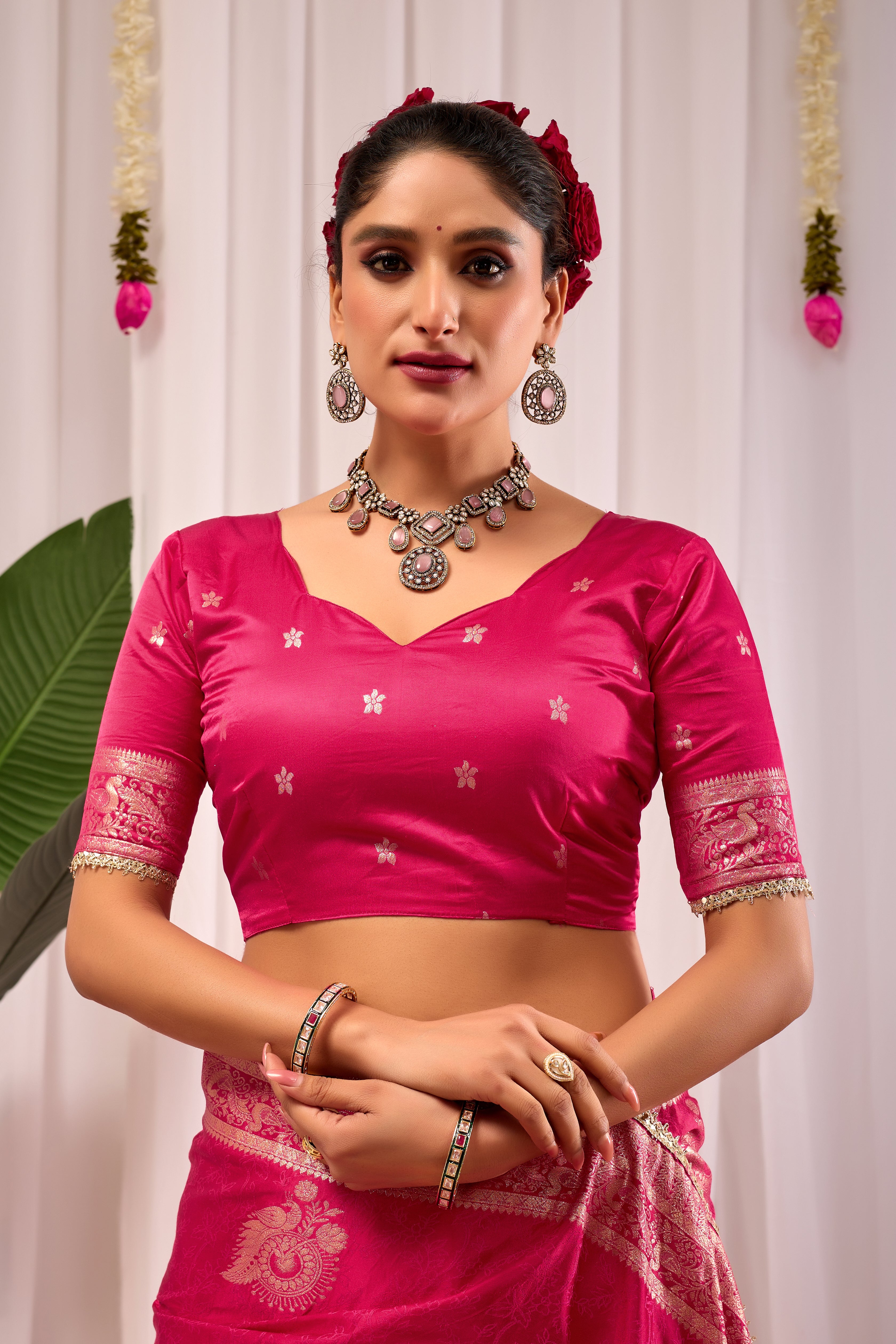 Royal Magenta Satin Silk Saree | Gold Zari Border & Blouse