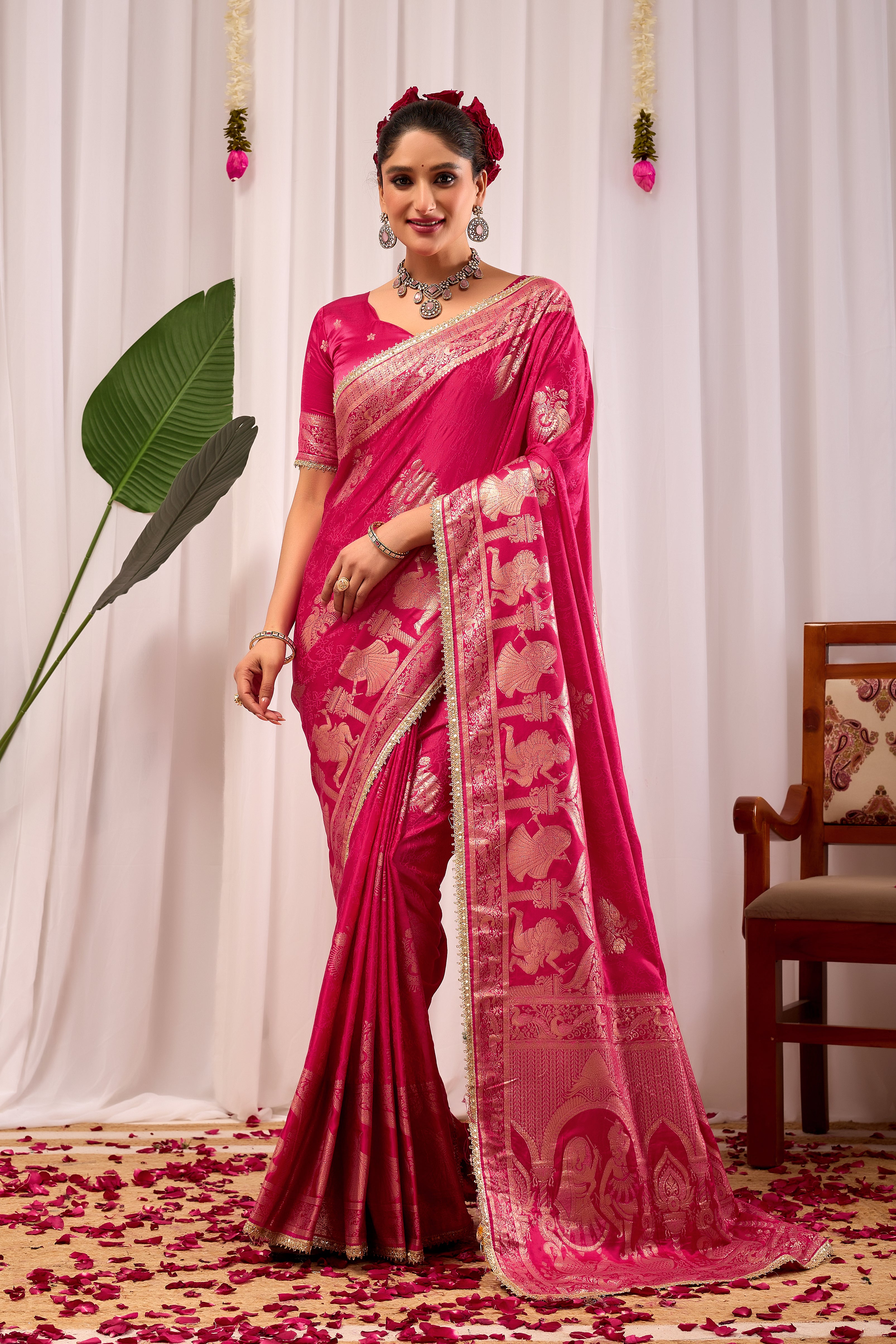 Royal Magenta Satin Silk Saree | Gold Zari Border & Blouse