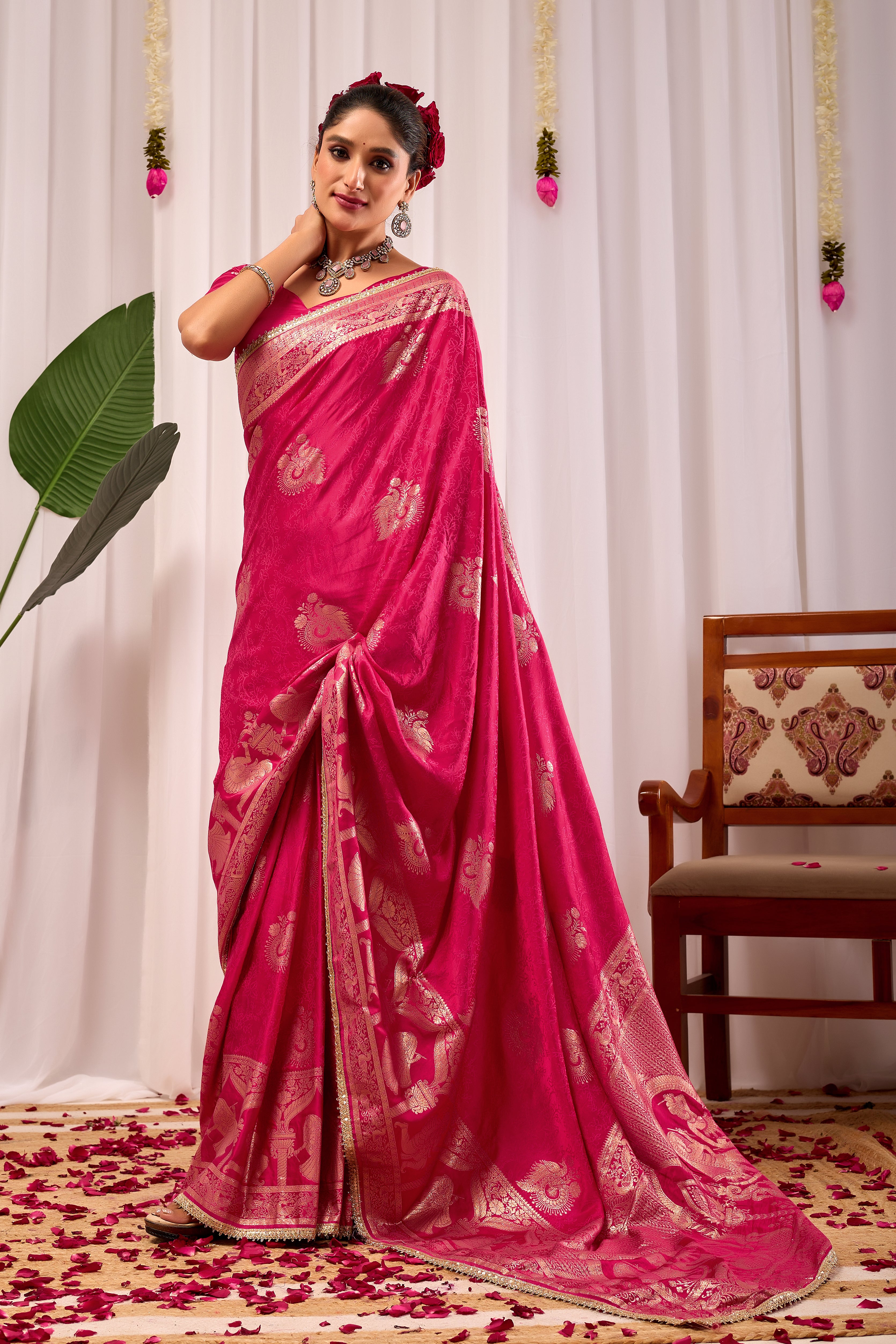 Royal Magenta Satin Silk Saree | Gold Zari Border & Blouse