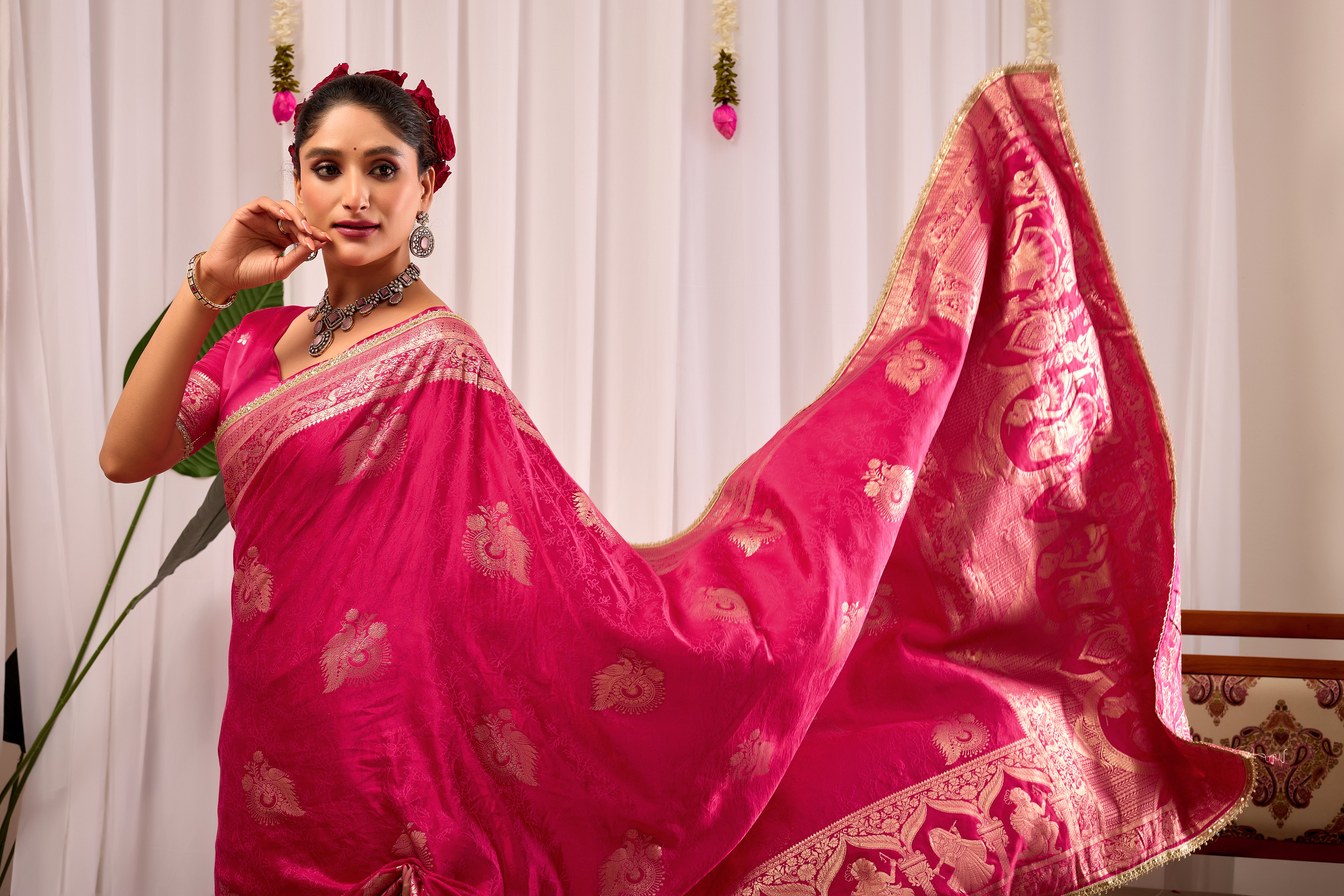 Royal Magenta Satin Silk Saree | Gold Zari Border & Blouse