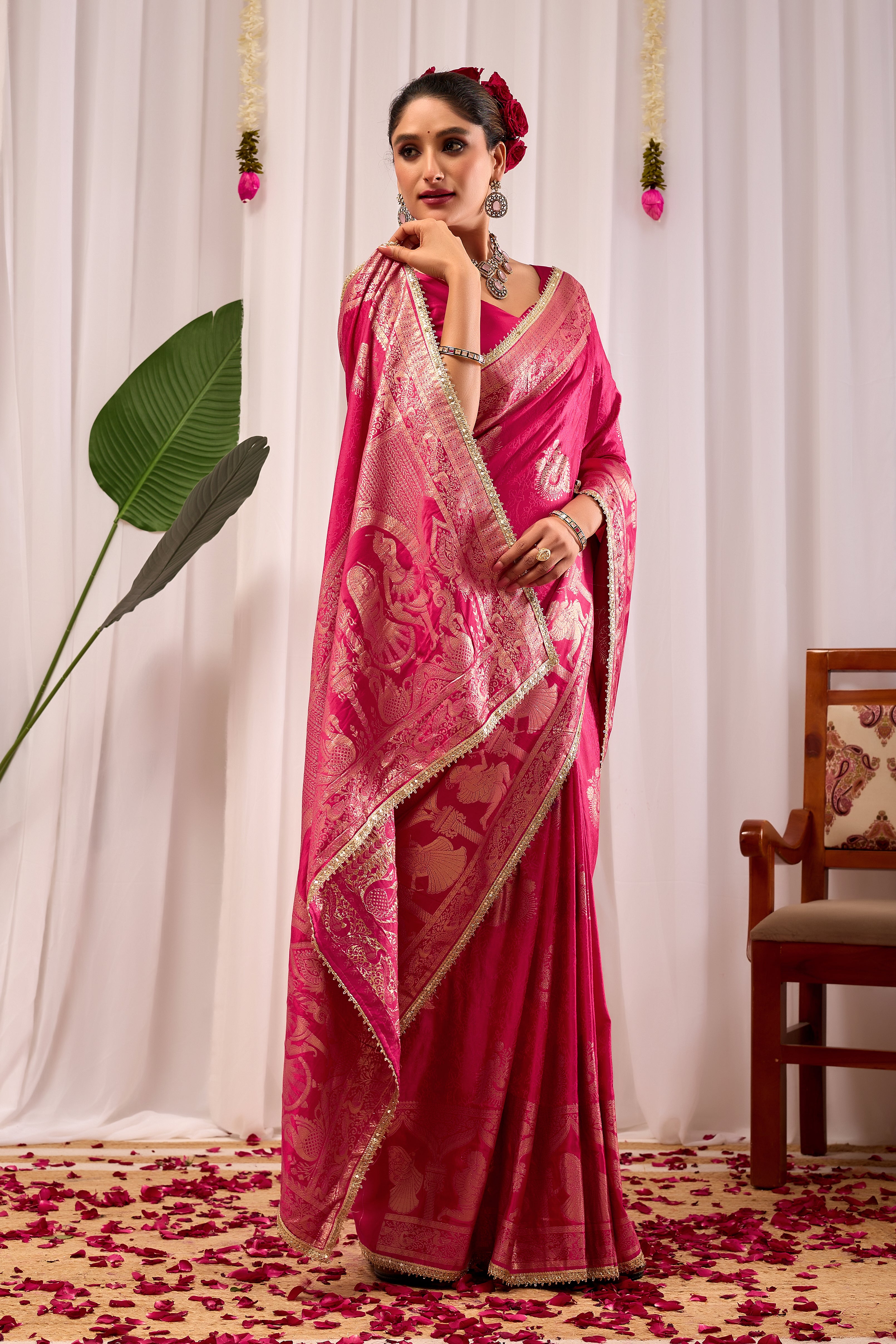 Royal Magenta Satin Silk Saree | Gold Zari Border & Blouse
