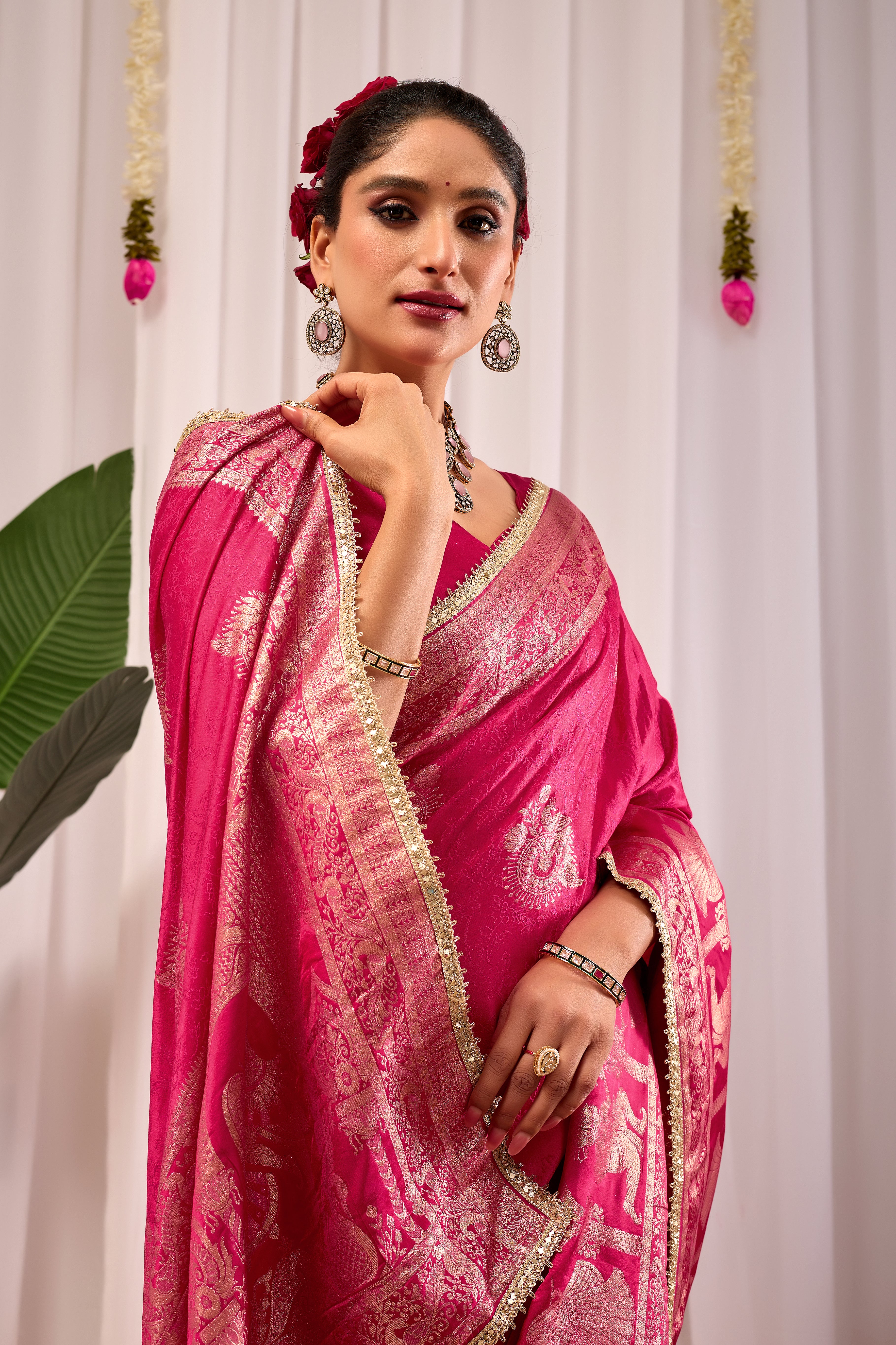 Royal Magenta Satin Silk Saree | Gold Zari Border & Blouse