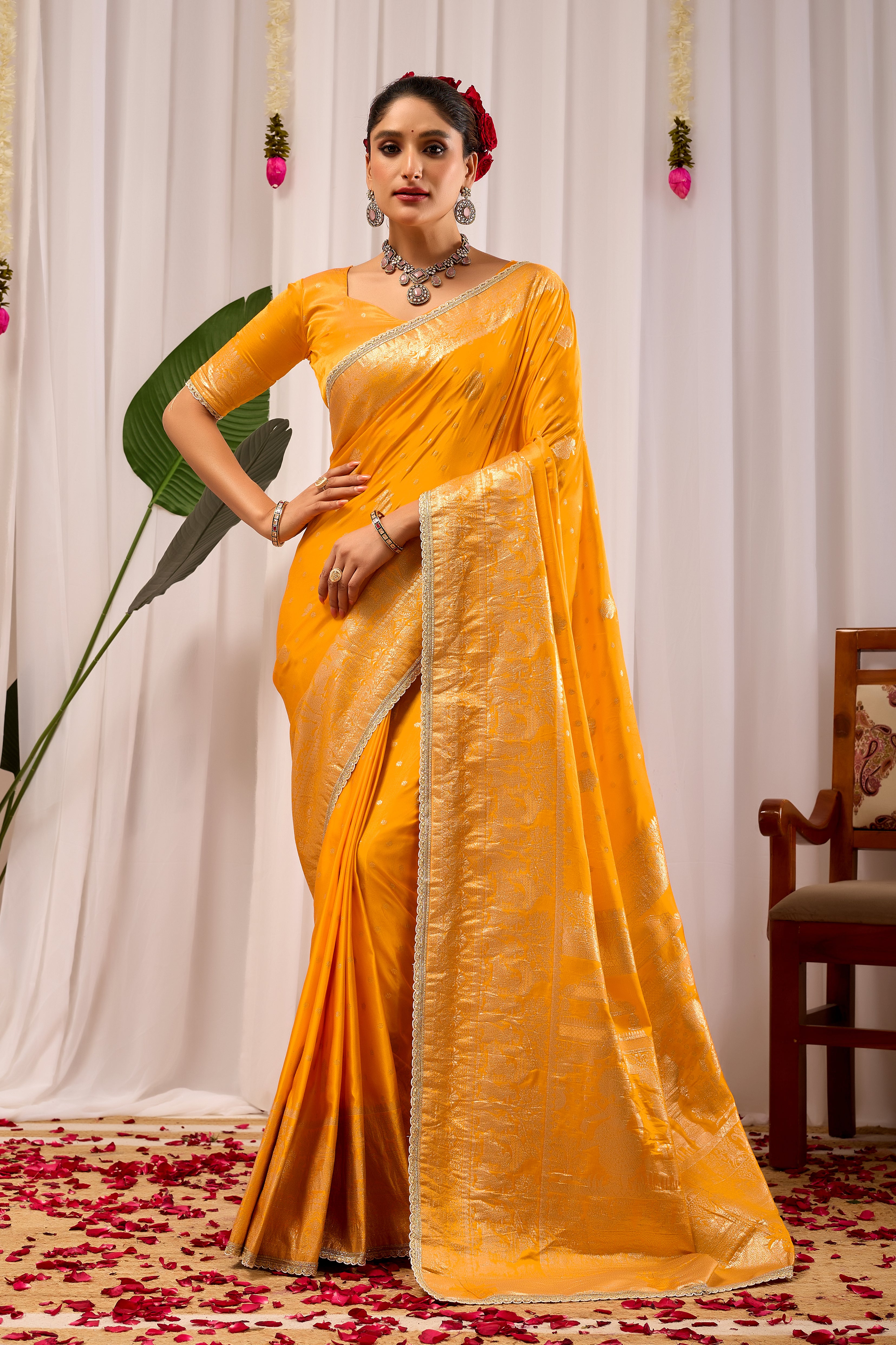 Royal Mustard Yellow  Satin Satin Silk Saree with Antique Gold Zari Weaving
