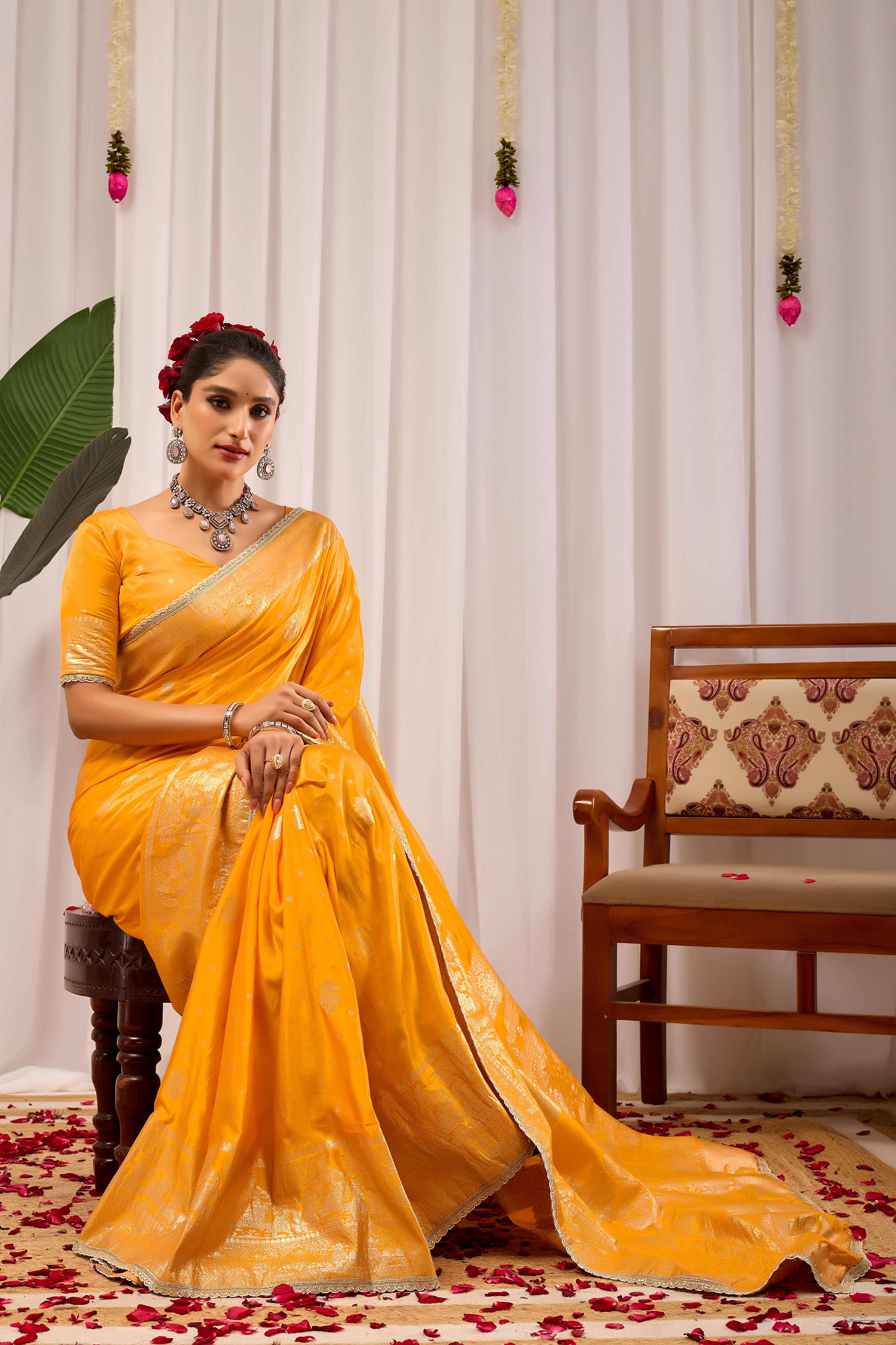 Royal Mustard Yellow  Satin Satin Silk Saree with Antique Gold Zari Weaving