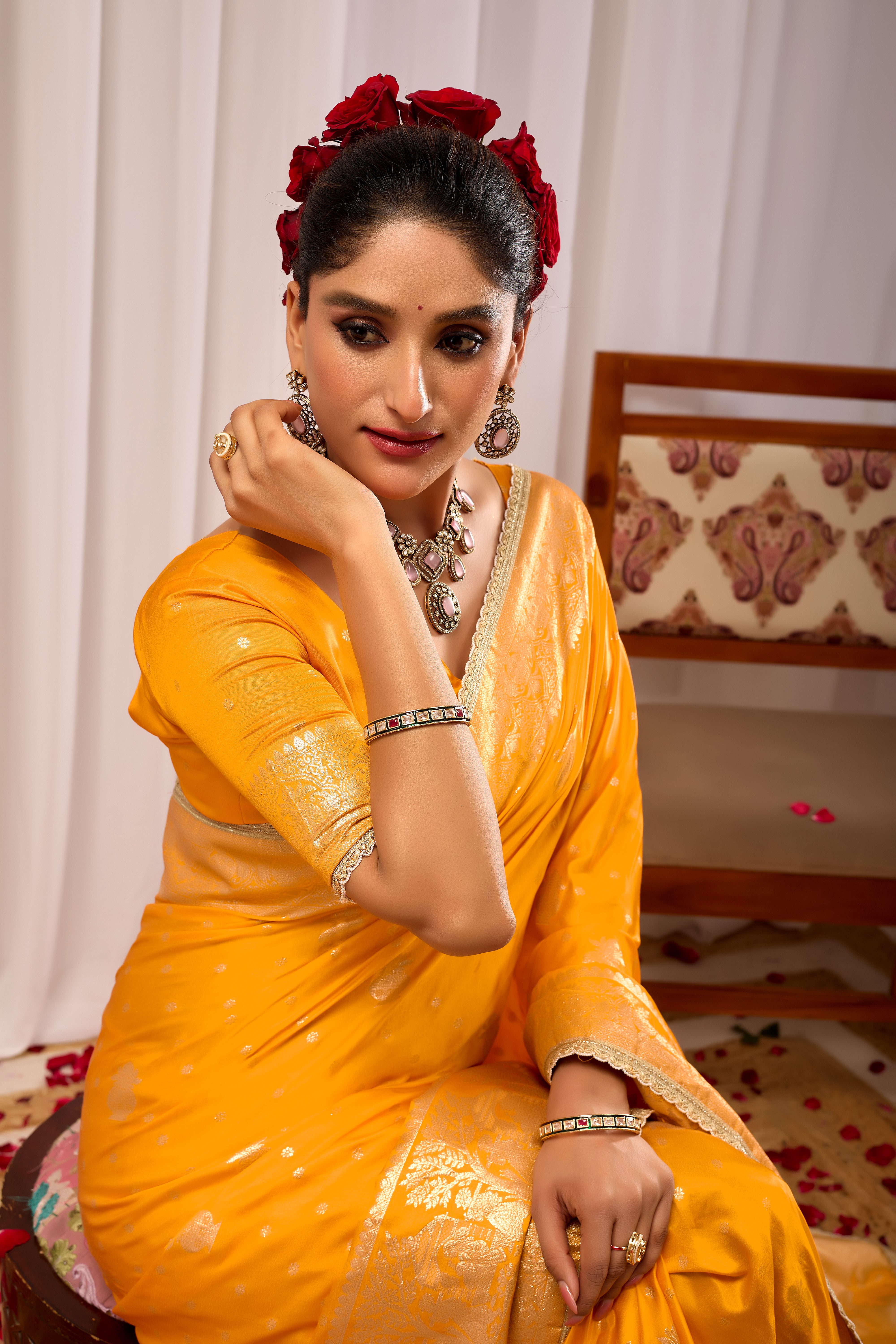 Royal Mustard Yellow  Satin Satin Silk Saree with Antique Gold Zari Weaving