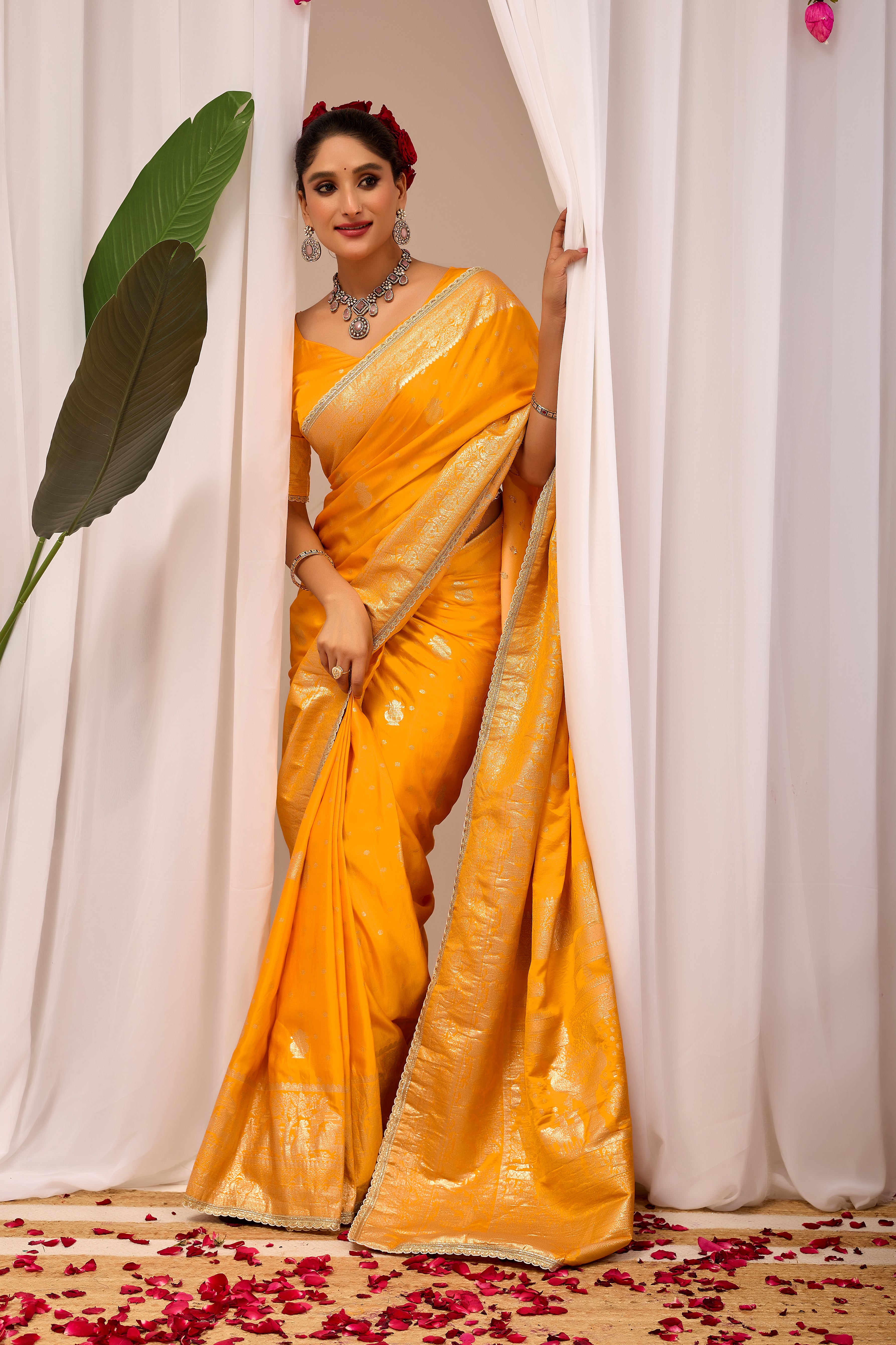 Royal Mustard Yellow  Satin Satin Silk Saree with Antique Gold Zari Weaving