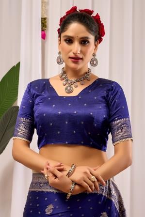 Royal Blue Satin Silk Saree | Silver Zari Border & Blouse