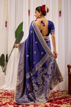Royal Blue Satin Silk Saree | Silver Zari Border & Blouse