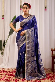 Royal Blue Satin Silk Saree | Silver Zari Border & Blouse