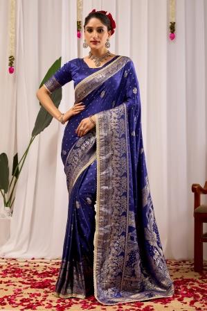 Royal Blue Satin Silk Saree | Silver Zari Border & Blouse