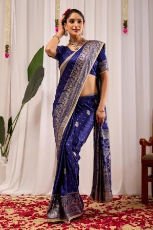 Royal Blue Satin Silk Saree | Silver Zari Border & Blouse
