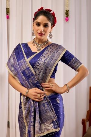Royal Blue Satin Silk Saree | Silver Zari Border & Blouse