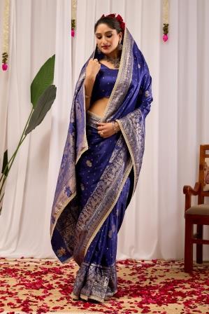 Royal Blue Satin Silk Saree | Silver Zari Border & Blouse