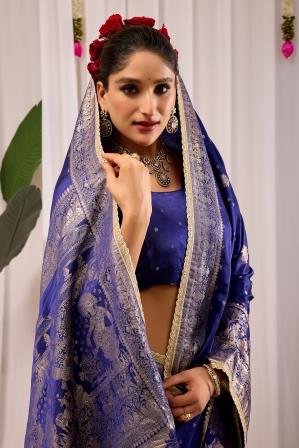 Royal Blue Satin Silk Saree | Silver Zari Border & Blouse