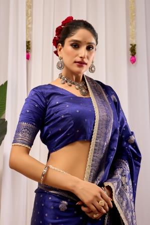 Royal Blue Satin Silk Saree | Silver Zari Border & Blouse