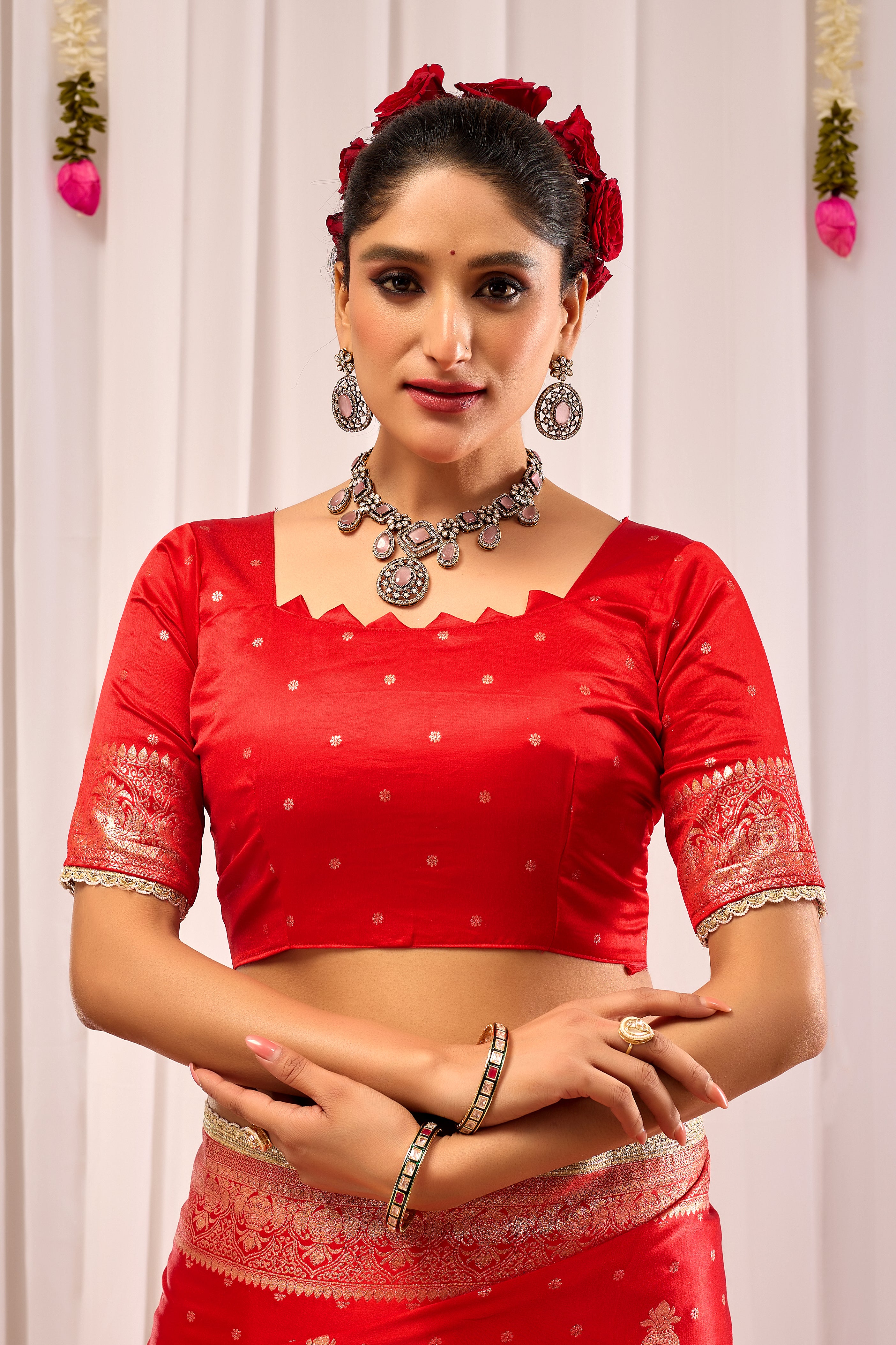 Crimson Red Banarasi Silk Saree | Gold Zari Border & Blouse