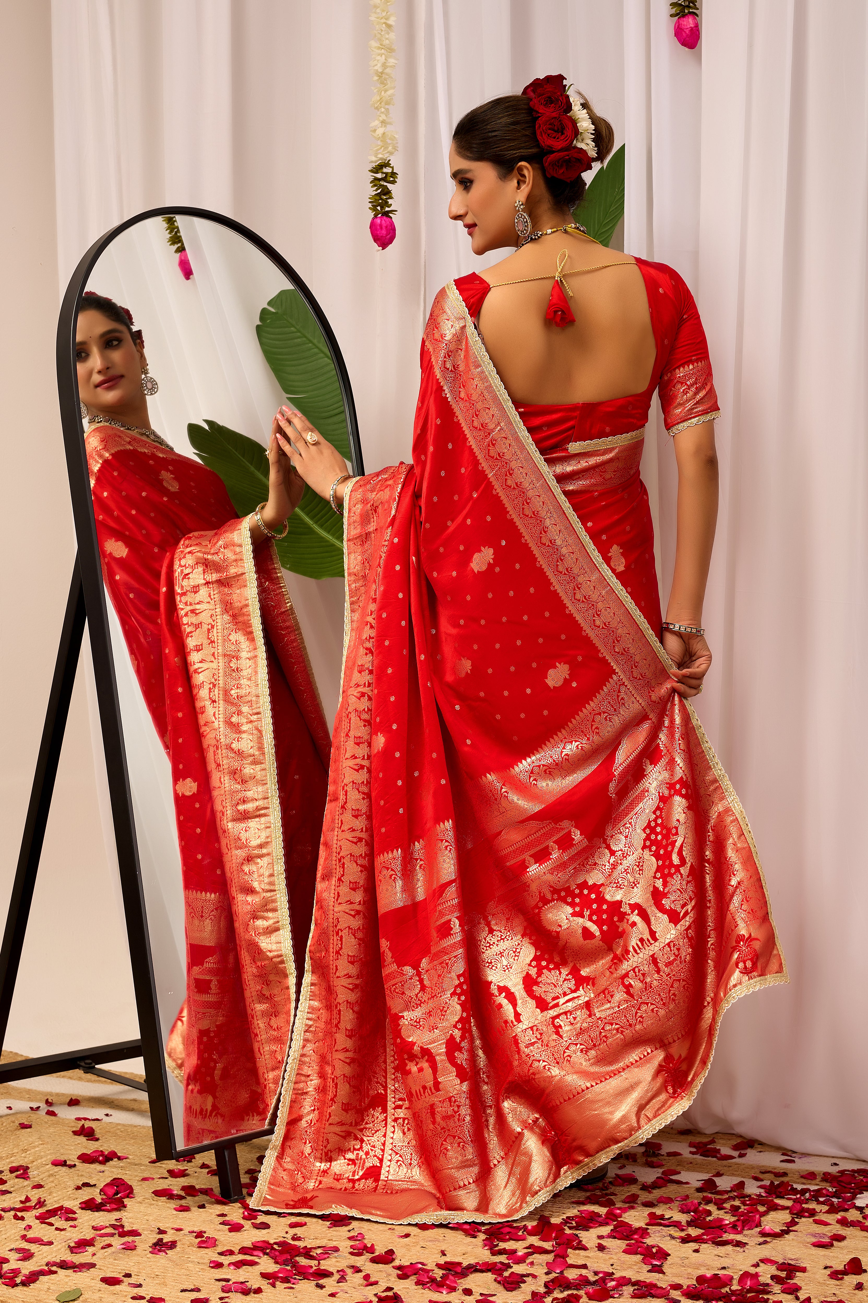 Crimson Red Banarasi Silk Saree | Gold Zari Border & Blouse