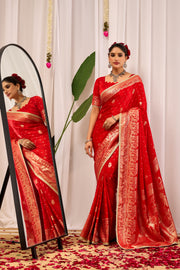 Crimson Red Banarasi Silk Saree | Gold Zari Border & Blouse