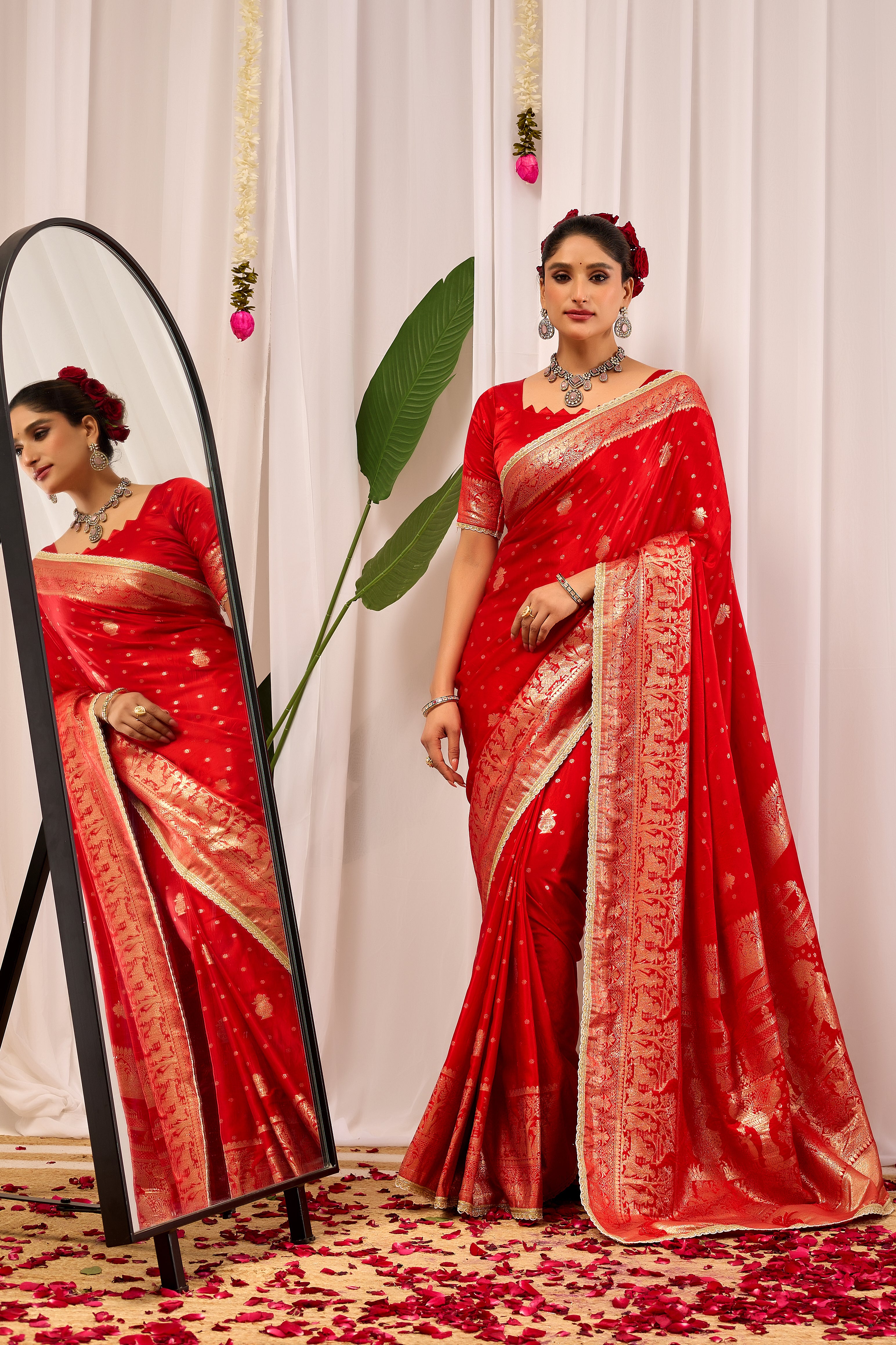 Crimson Red Banarasi Silk Saree | Gold Zari Border & Blouse