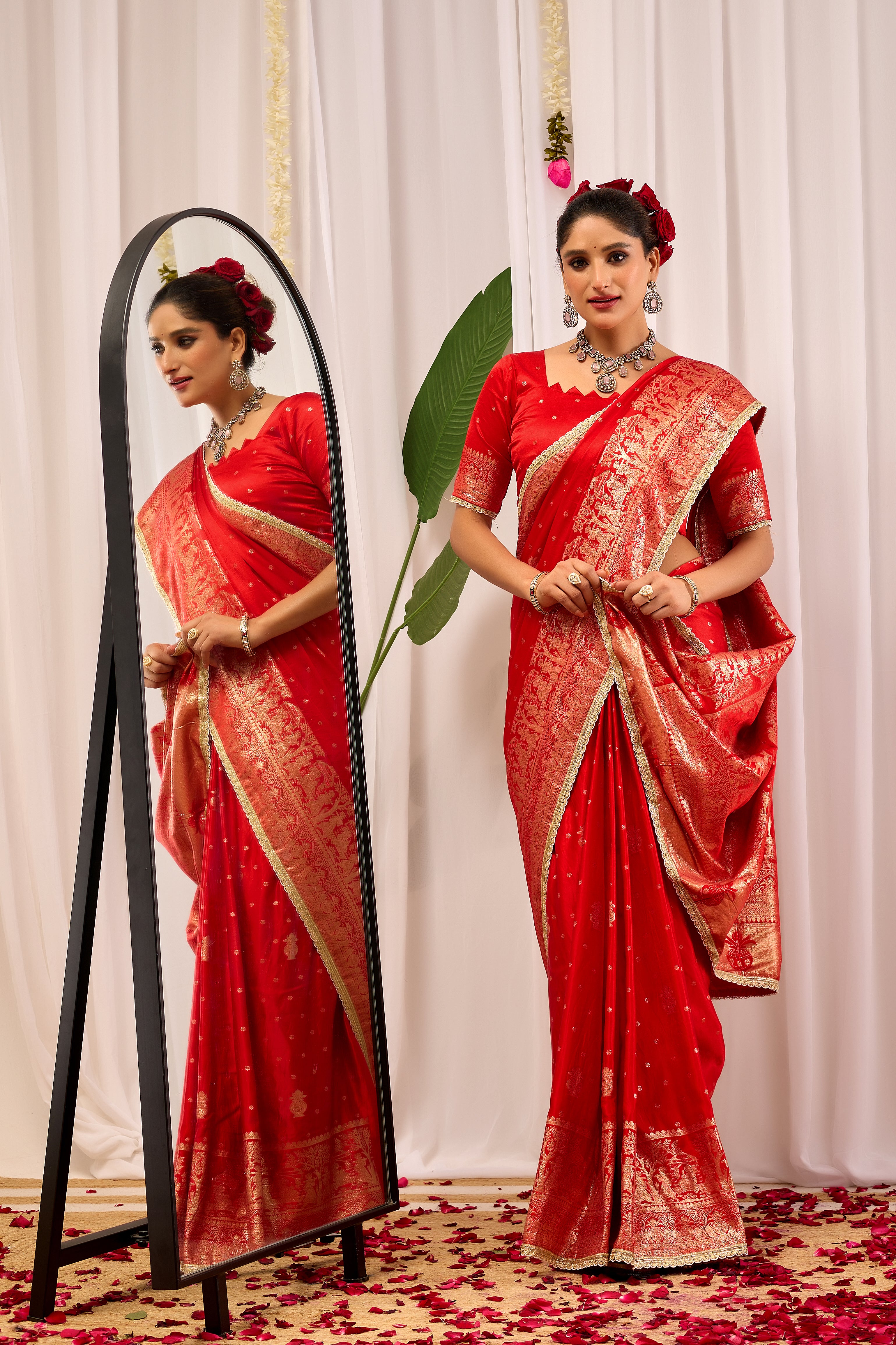 Crimson Red Banarasi Silk Saree | Gold Zari Border & Blouse