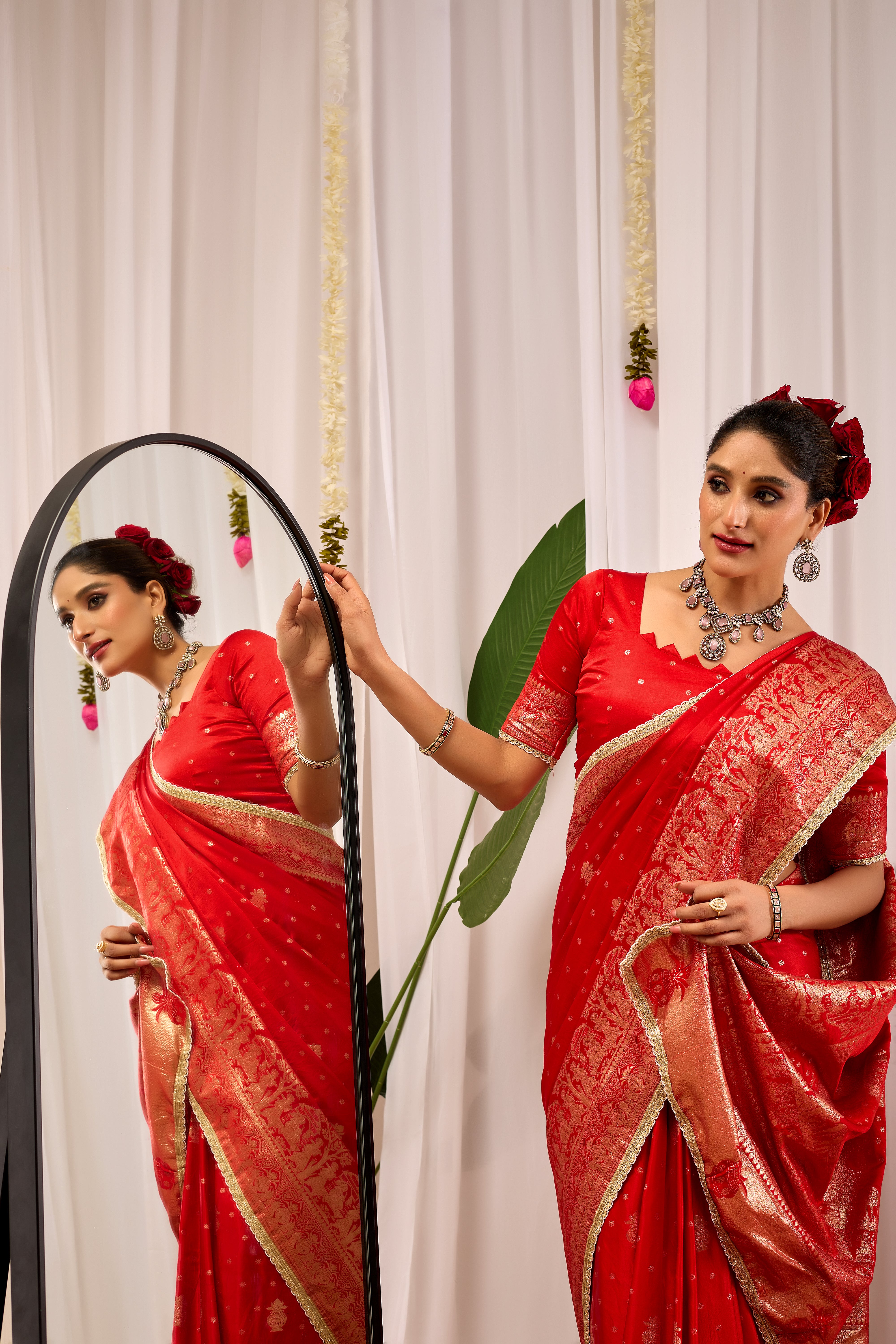 Crimson Red Banarasi Silk Saree | Gold Zari Border & Blouse