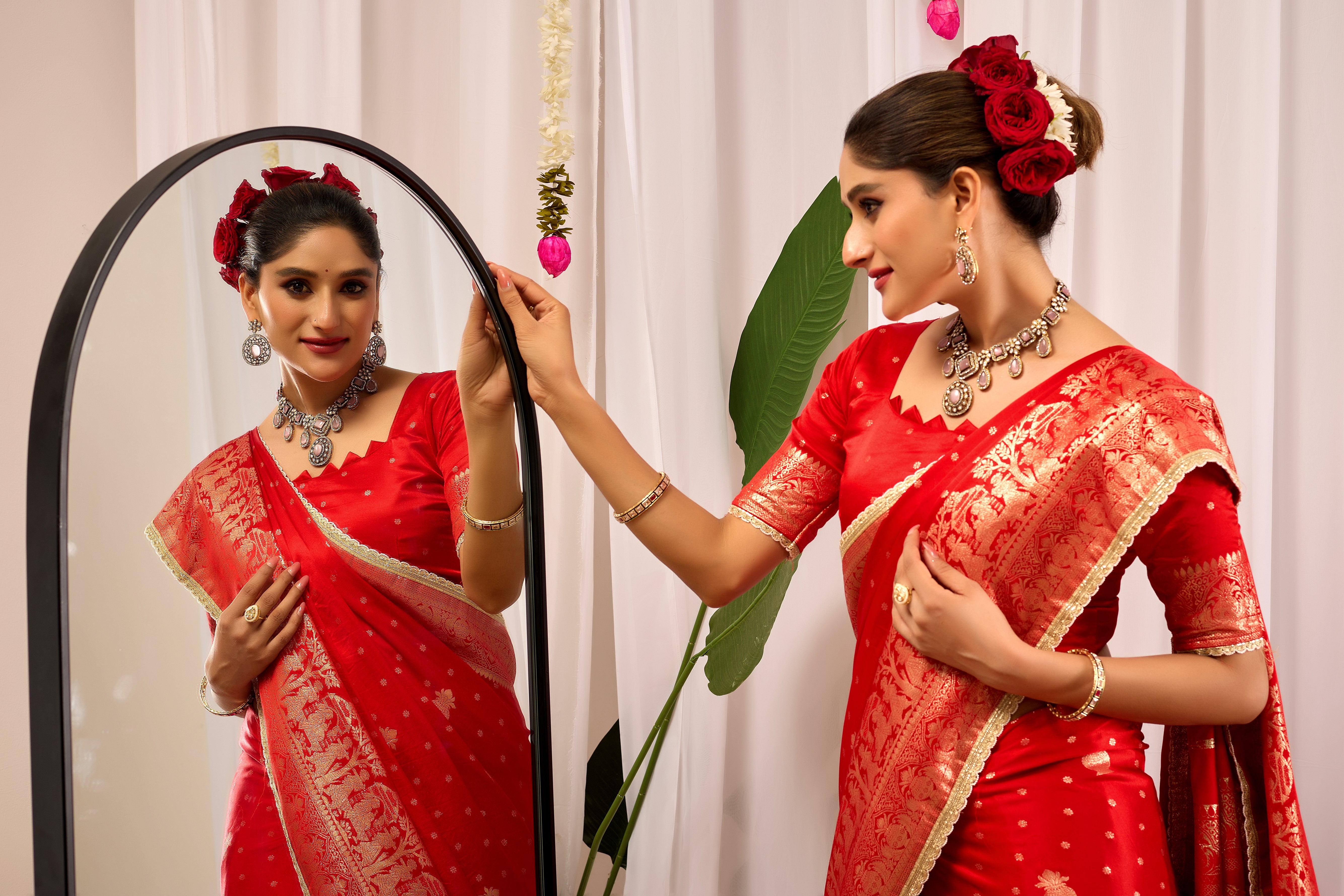 Crimson Red Banarasi Silk Saree | Gold Zari Border & Blouse