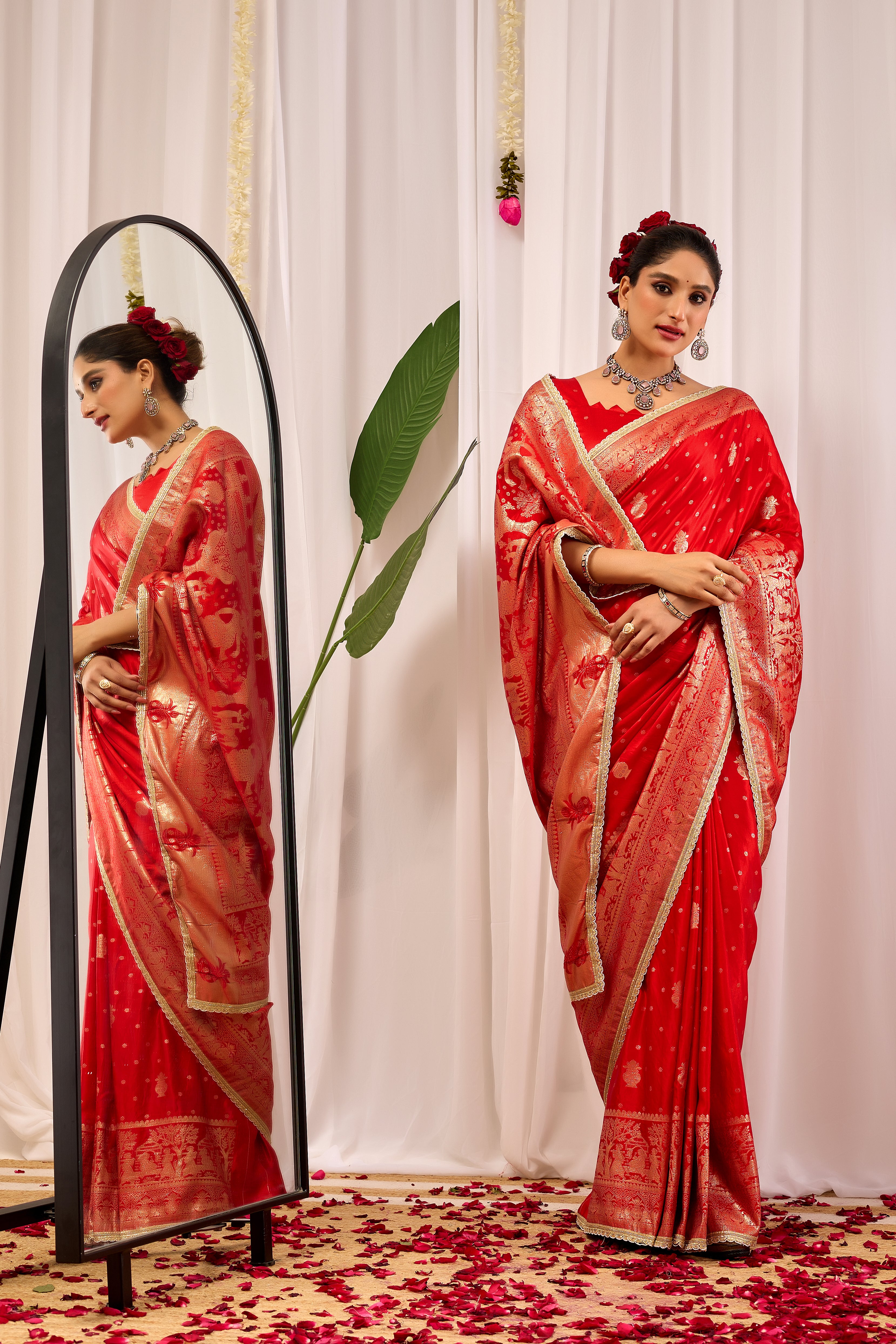 Crimson Red Banarasi Silk Saree | Gold Zari Border & Blouse