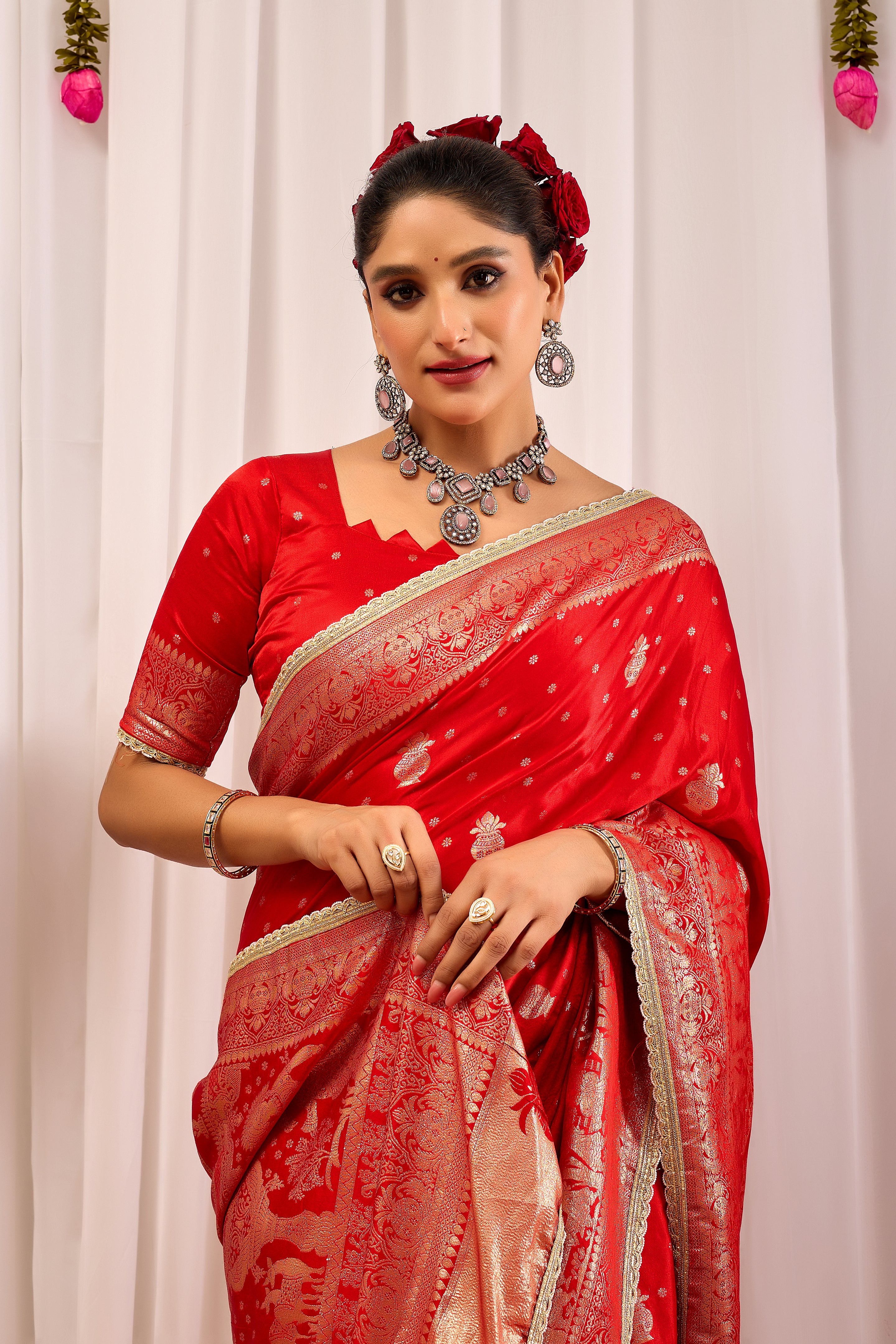 Crimson Red Banarasi Silk Saree | Gold Zari Border & Blouse