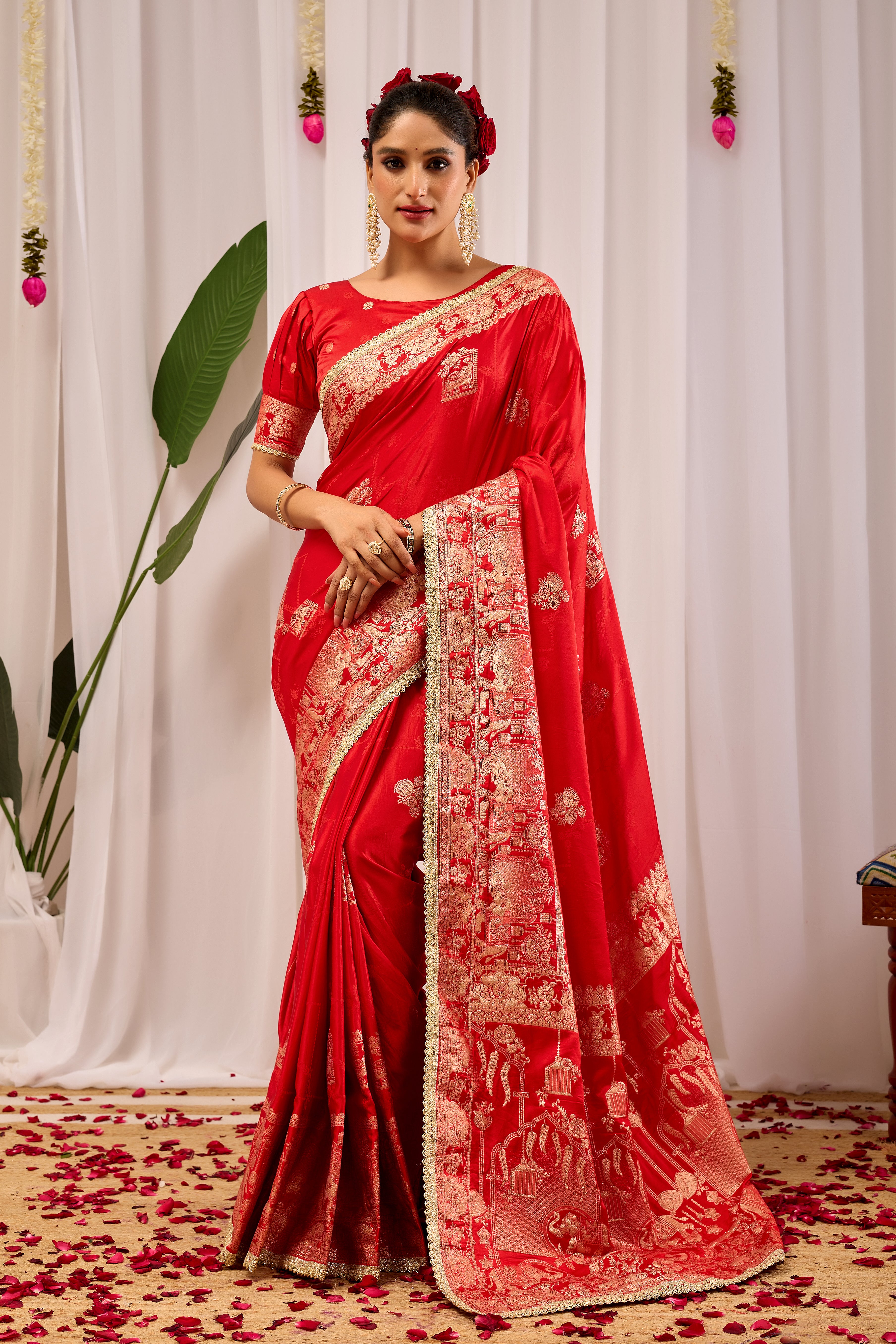 Sindoor Crimson Banarasi Silk Saree | Gold Zari & Blouse