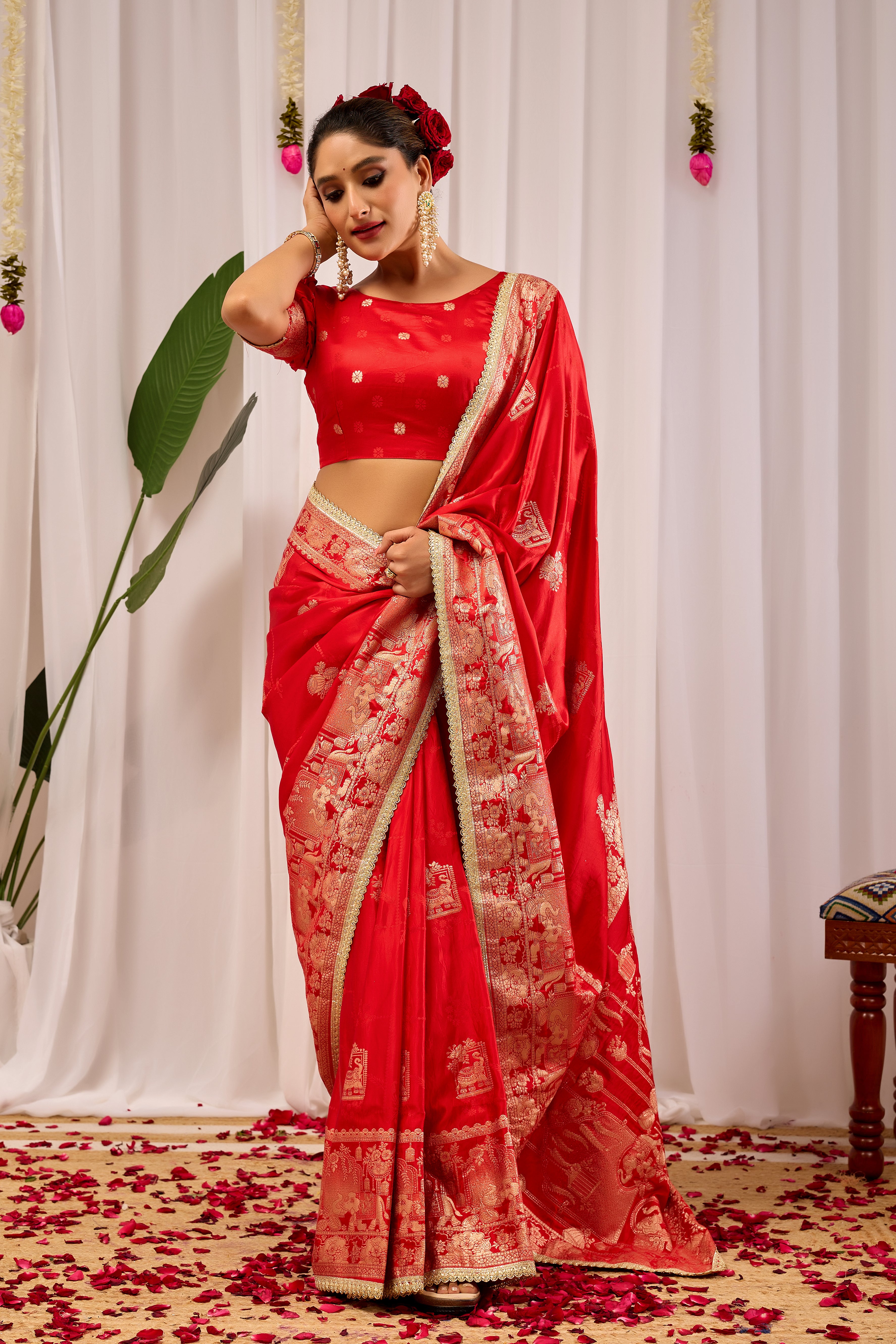 Sindoor Crimson Banarasi Silk Saree | Gold Zari & Blouse