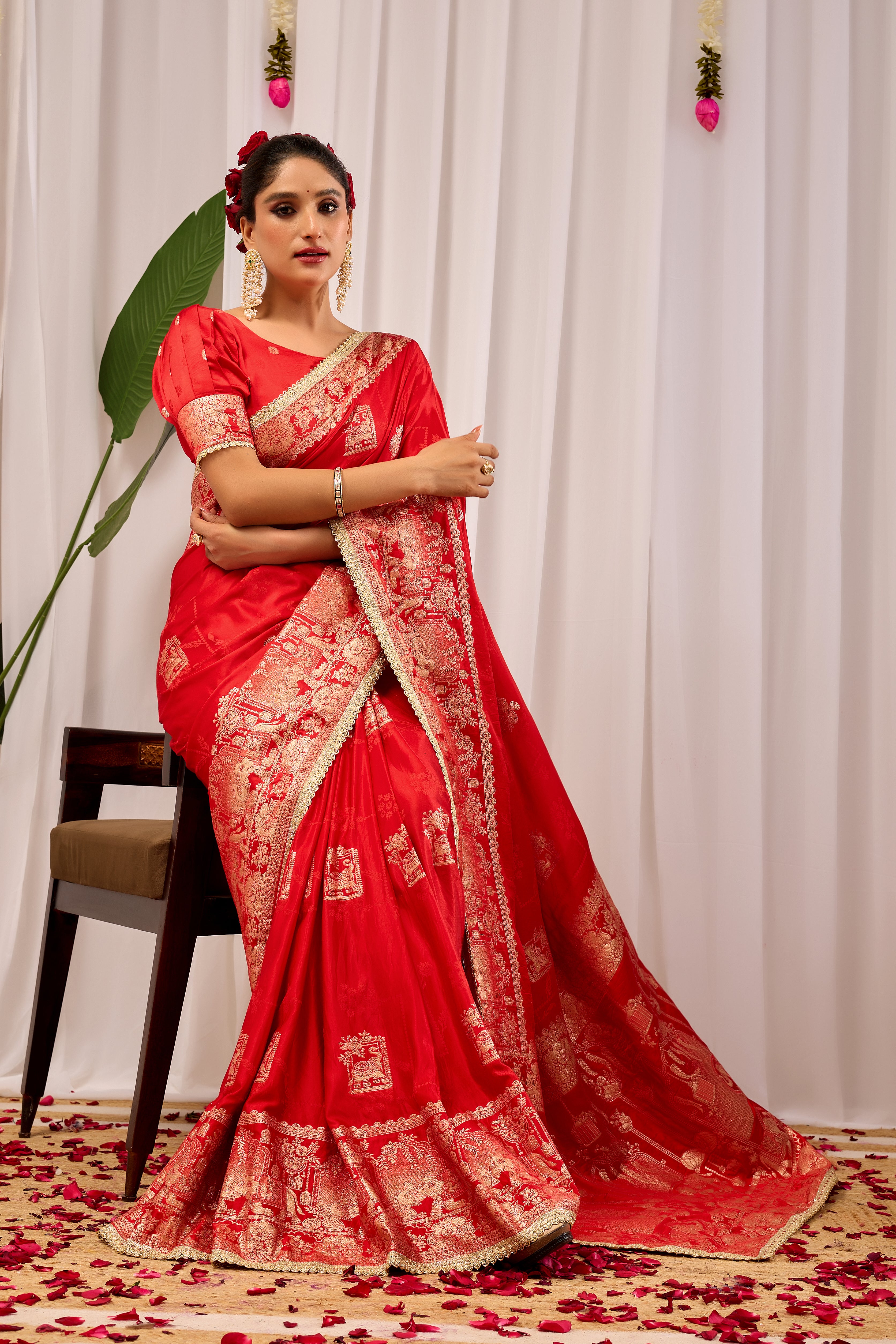 Sindoor Crimson Banarasi Silk Saree | Gold Zari & Blouse
